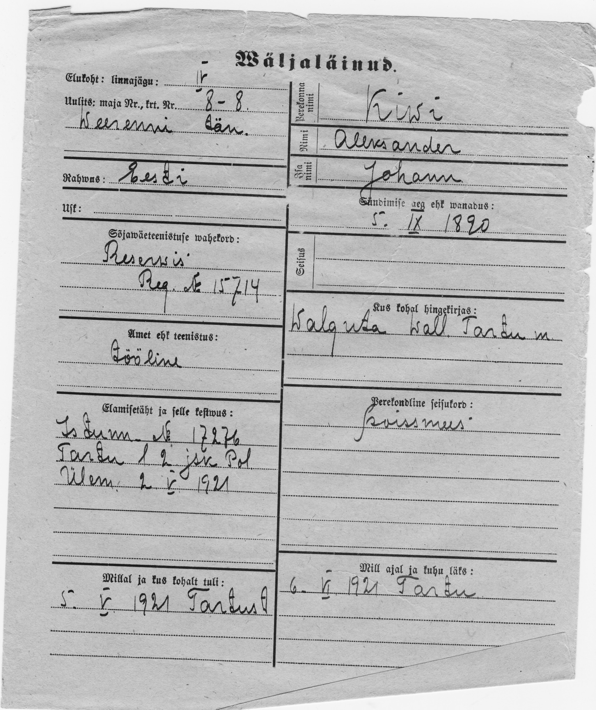 Kivi, Aleksander, Johann