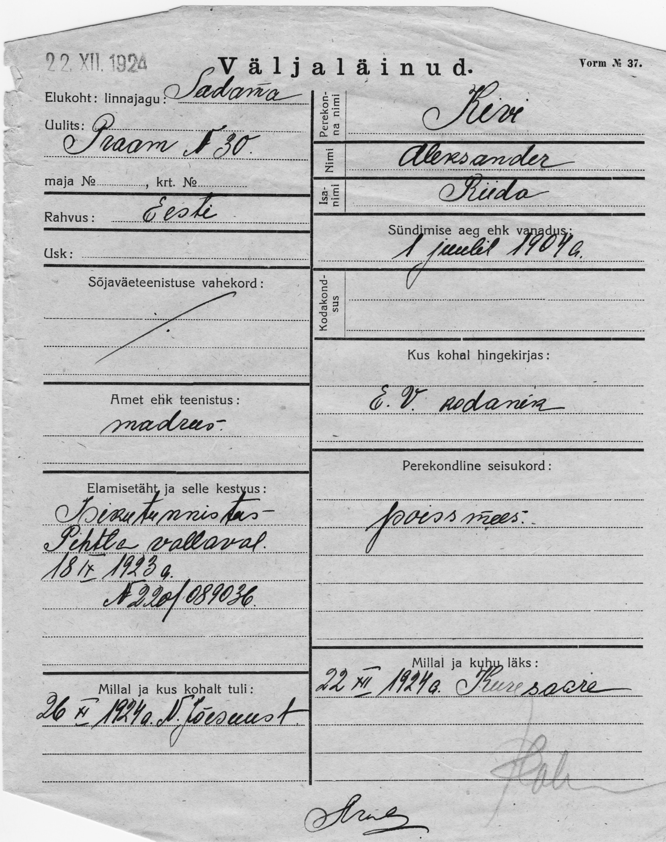 Kivi, Aleksander, Rindo