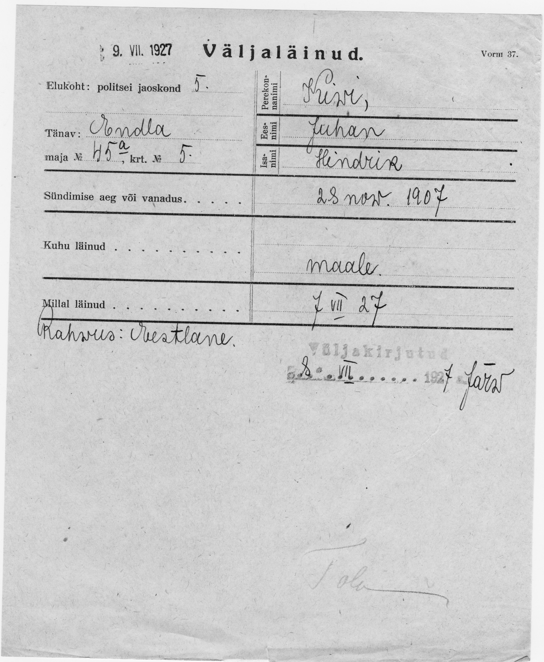 Kivi, Juhan, Hindrik