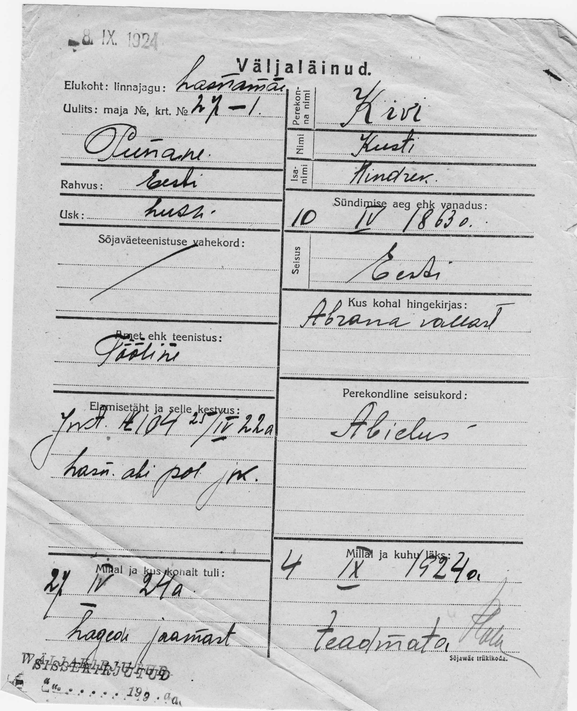 Kivi, Kusti, Hindrek