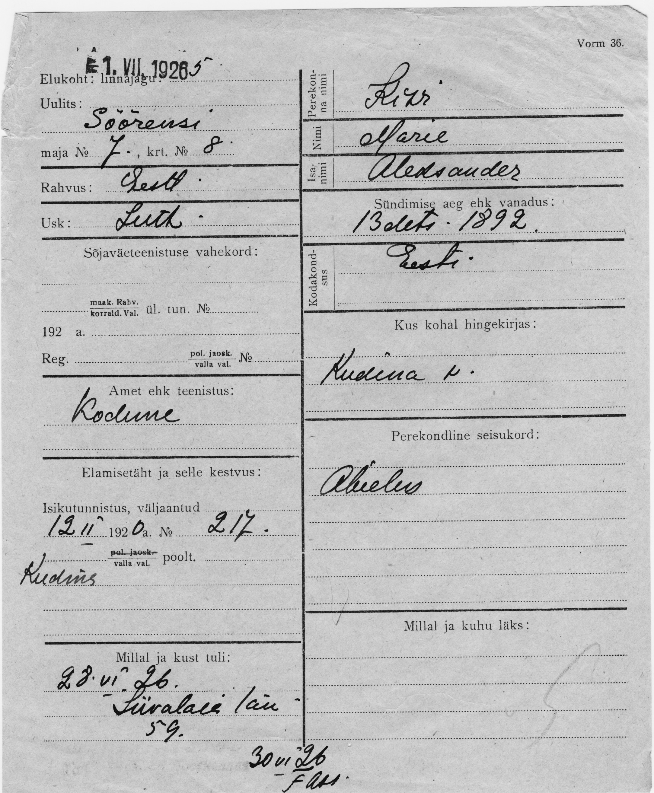 Kivi, Marie, Aleksander