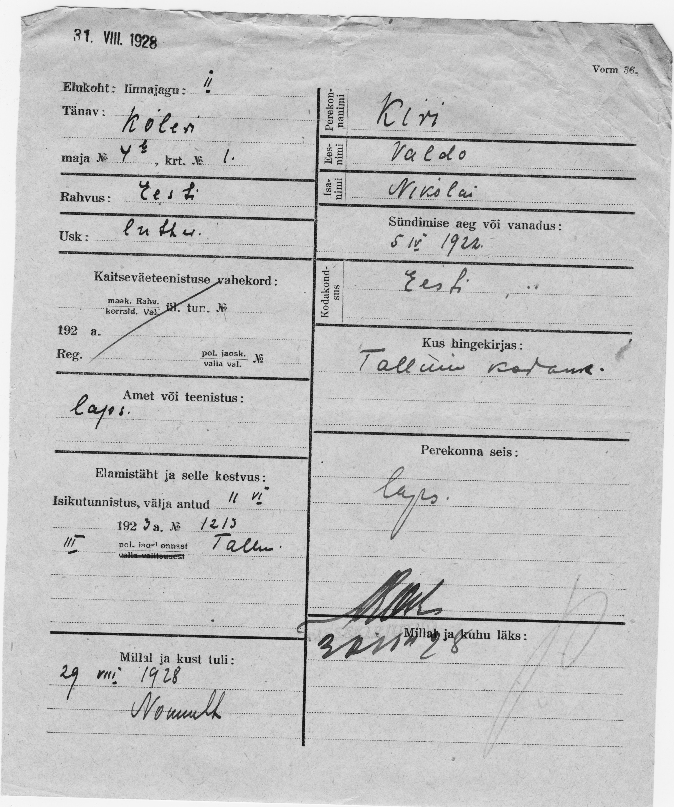 Kivi, Valdo, Nikolai