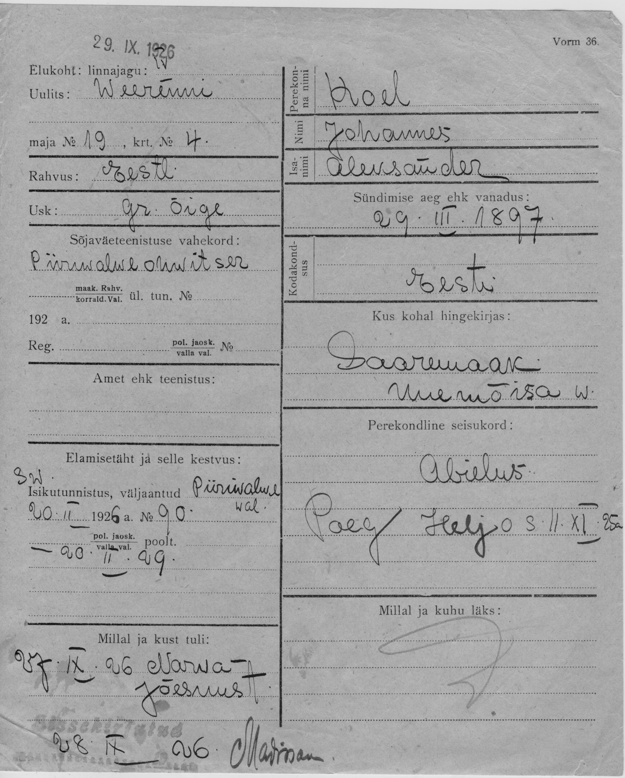 Koel, Johannes, Aleksander