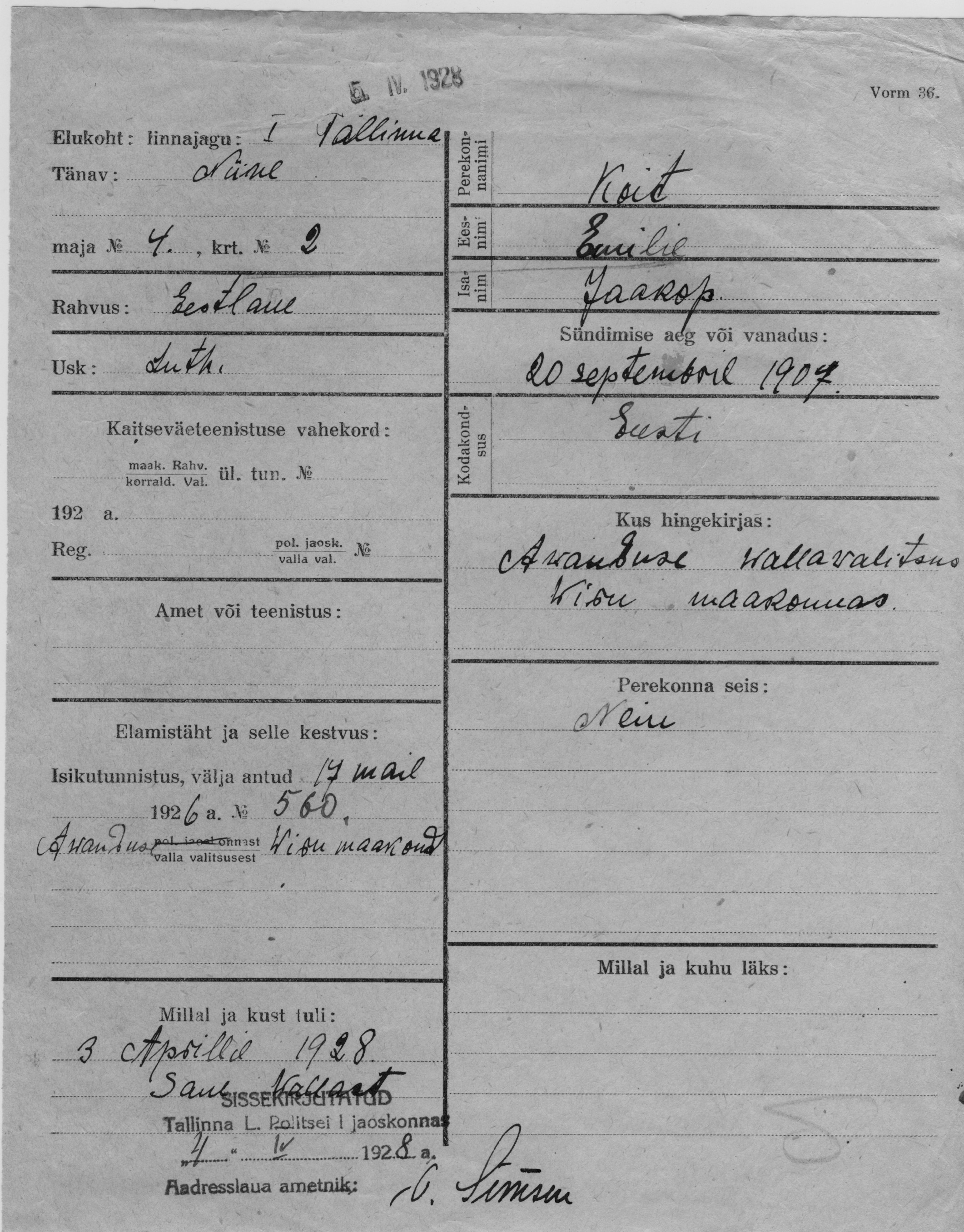 Koit, Emilie, Jaakop