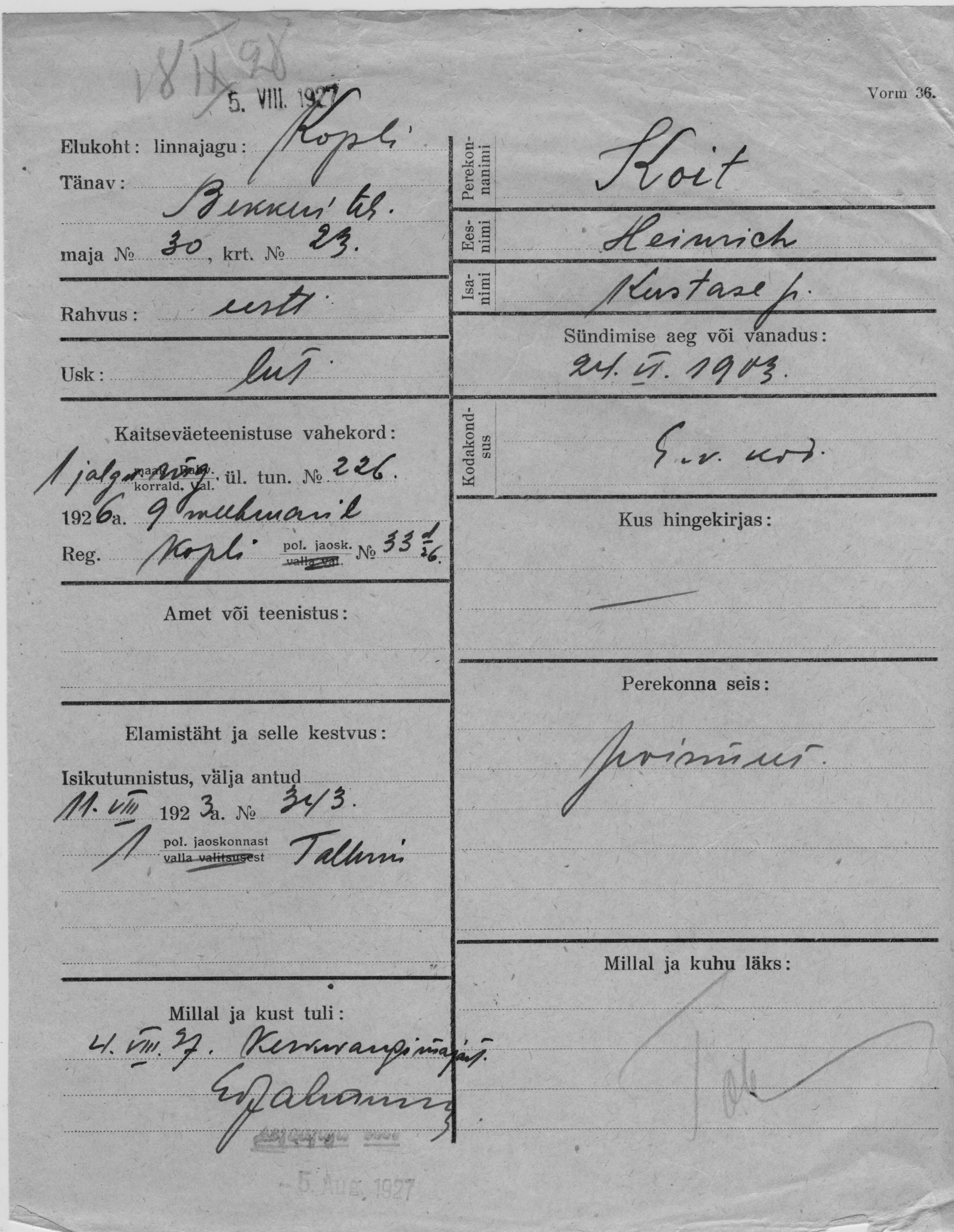 Koit, Heinrich, Kustas