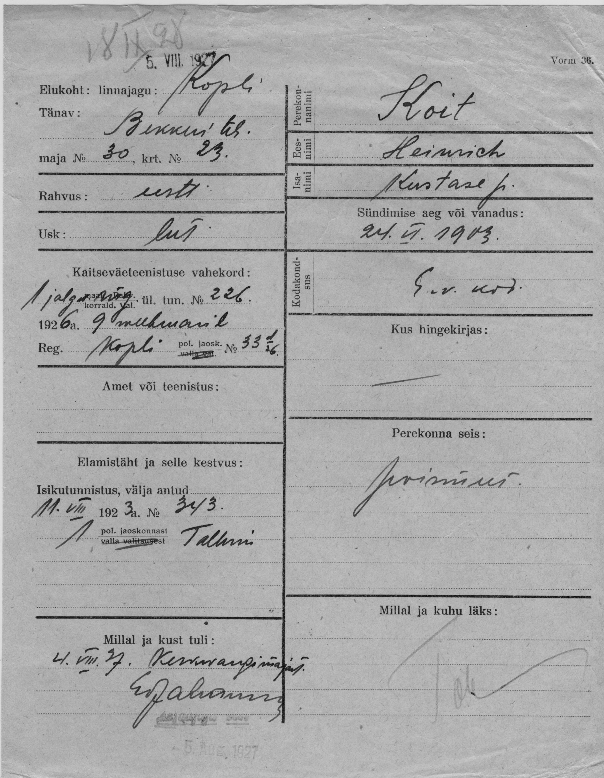 Koit, Heinrich, Kustas