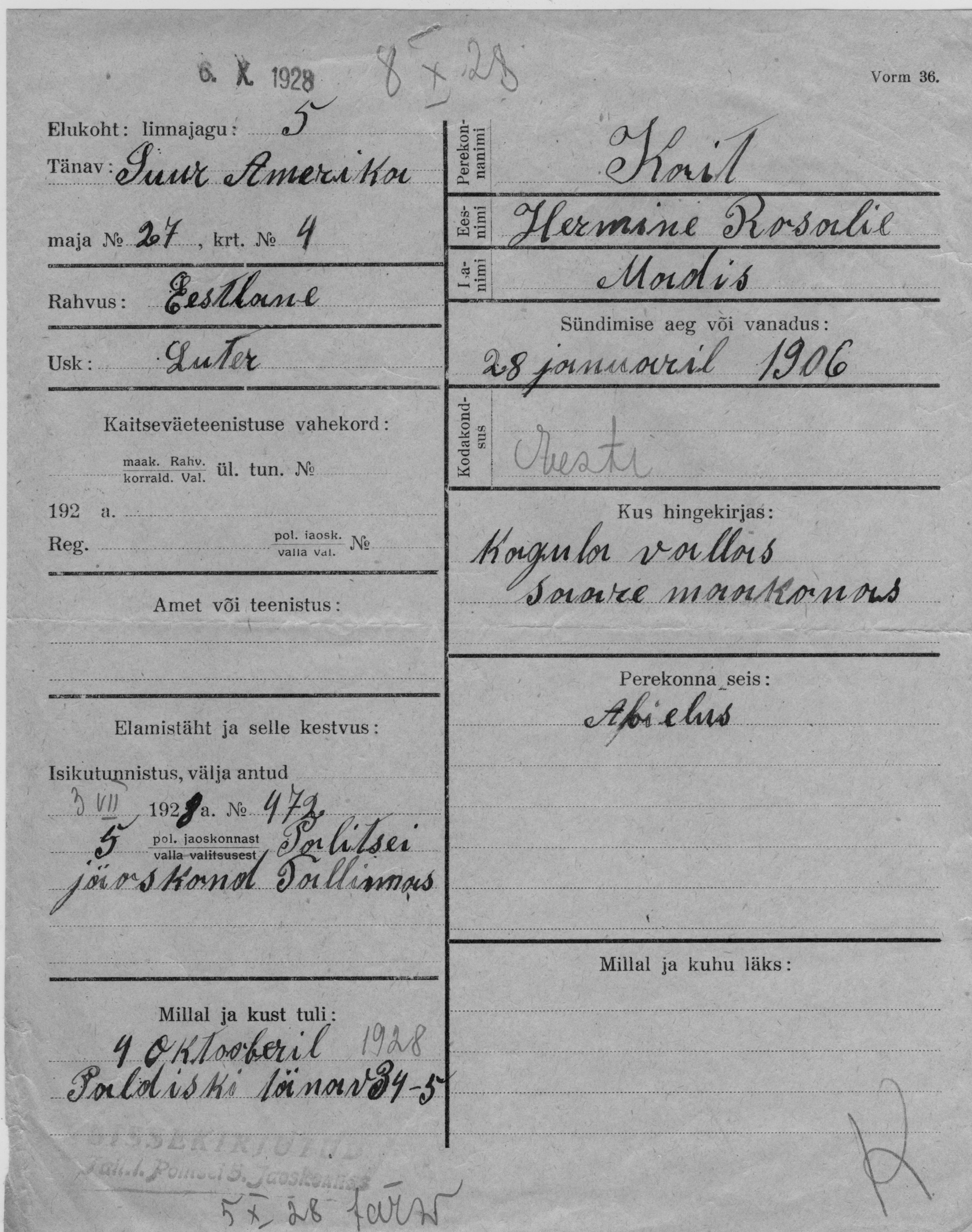 Koit, Hermine rosalie, Madis