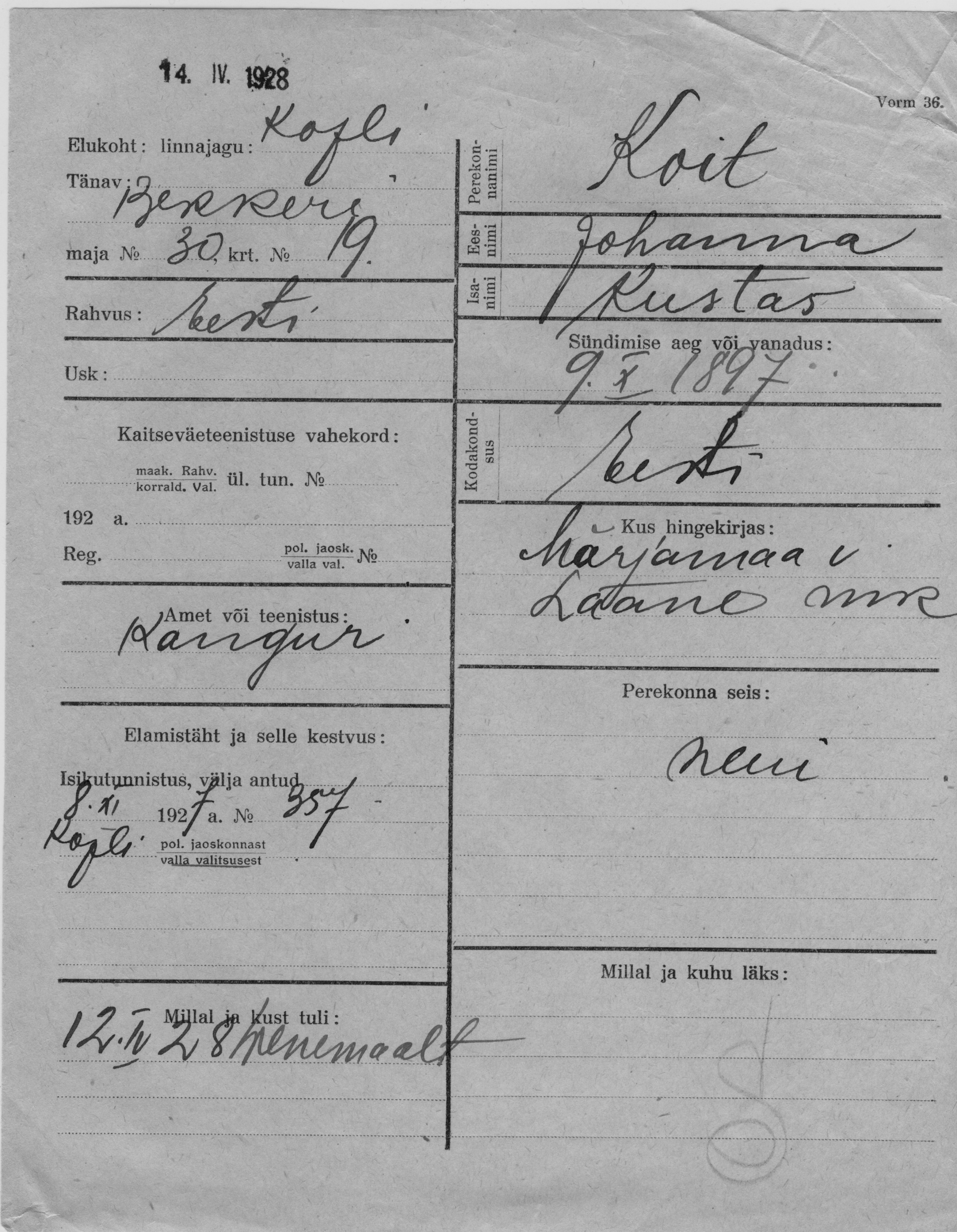 Koit, Johanna, Kustas