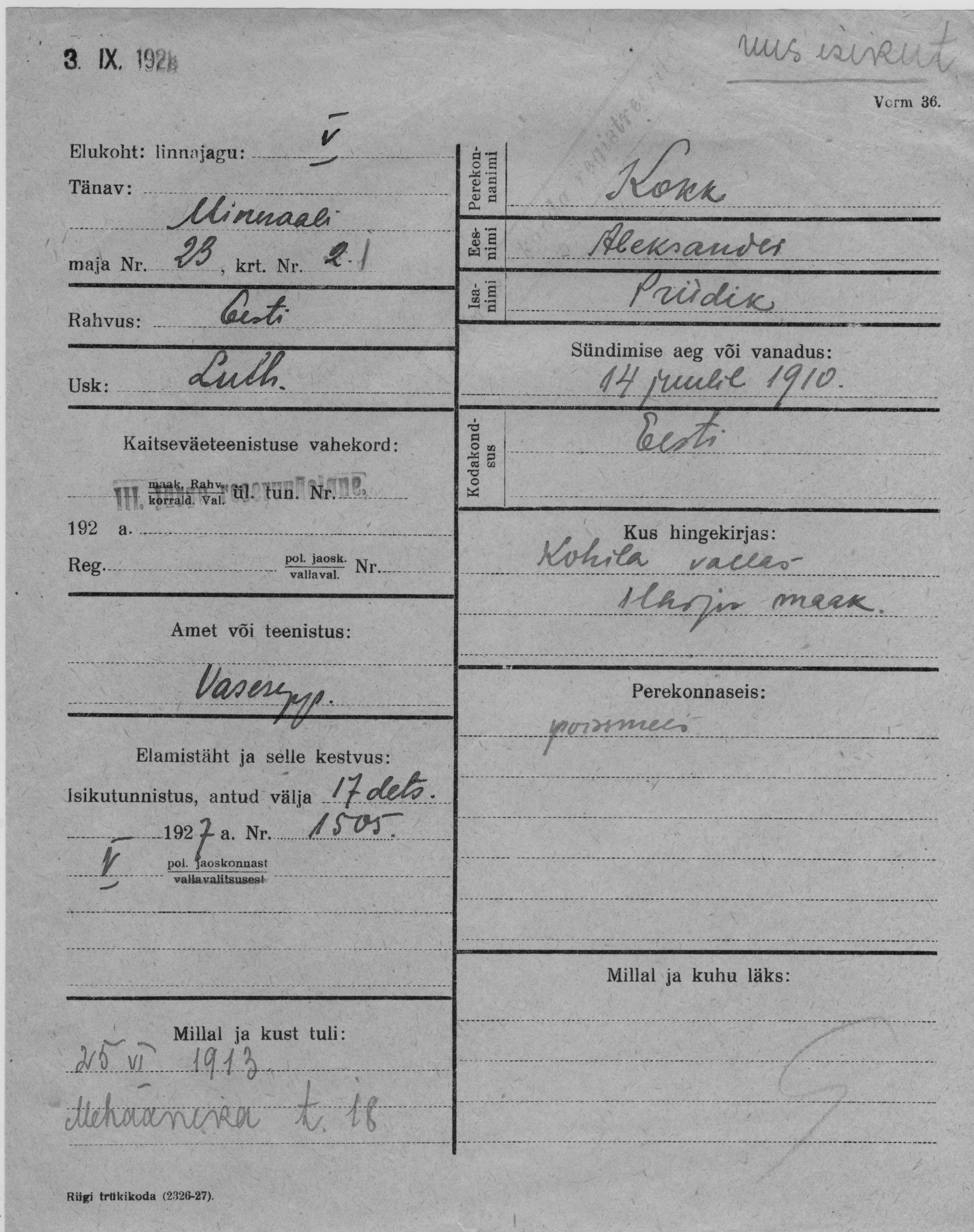 Kokk, Aleksander, Priidik