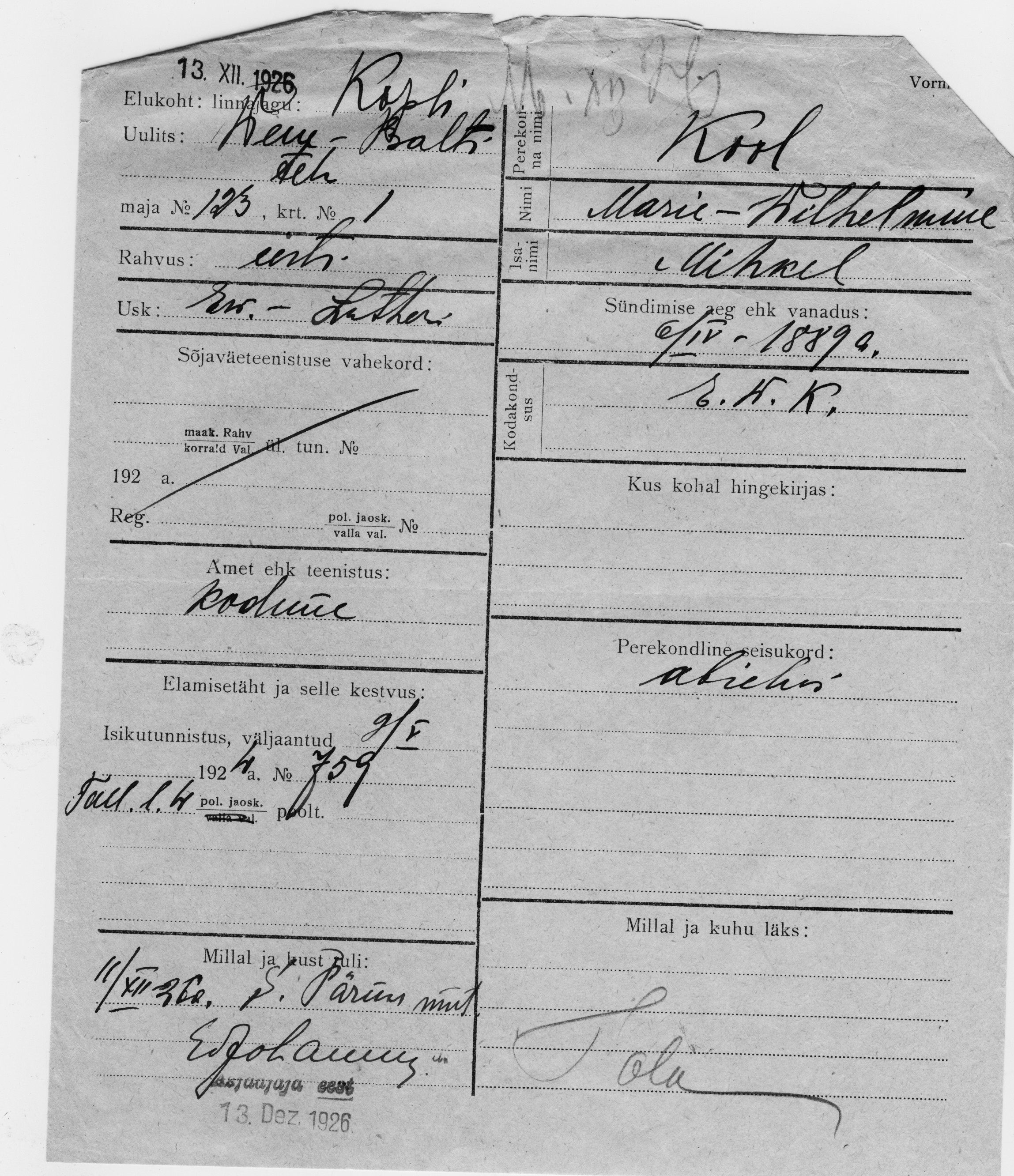 Kool, Marie-Vilhelmine, Mihkel