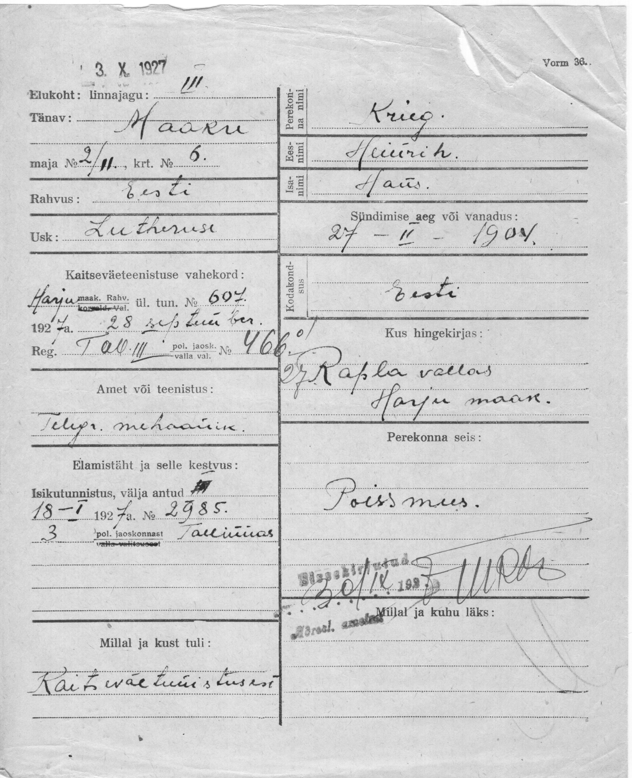 Krieg, Heinrih, Hans