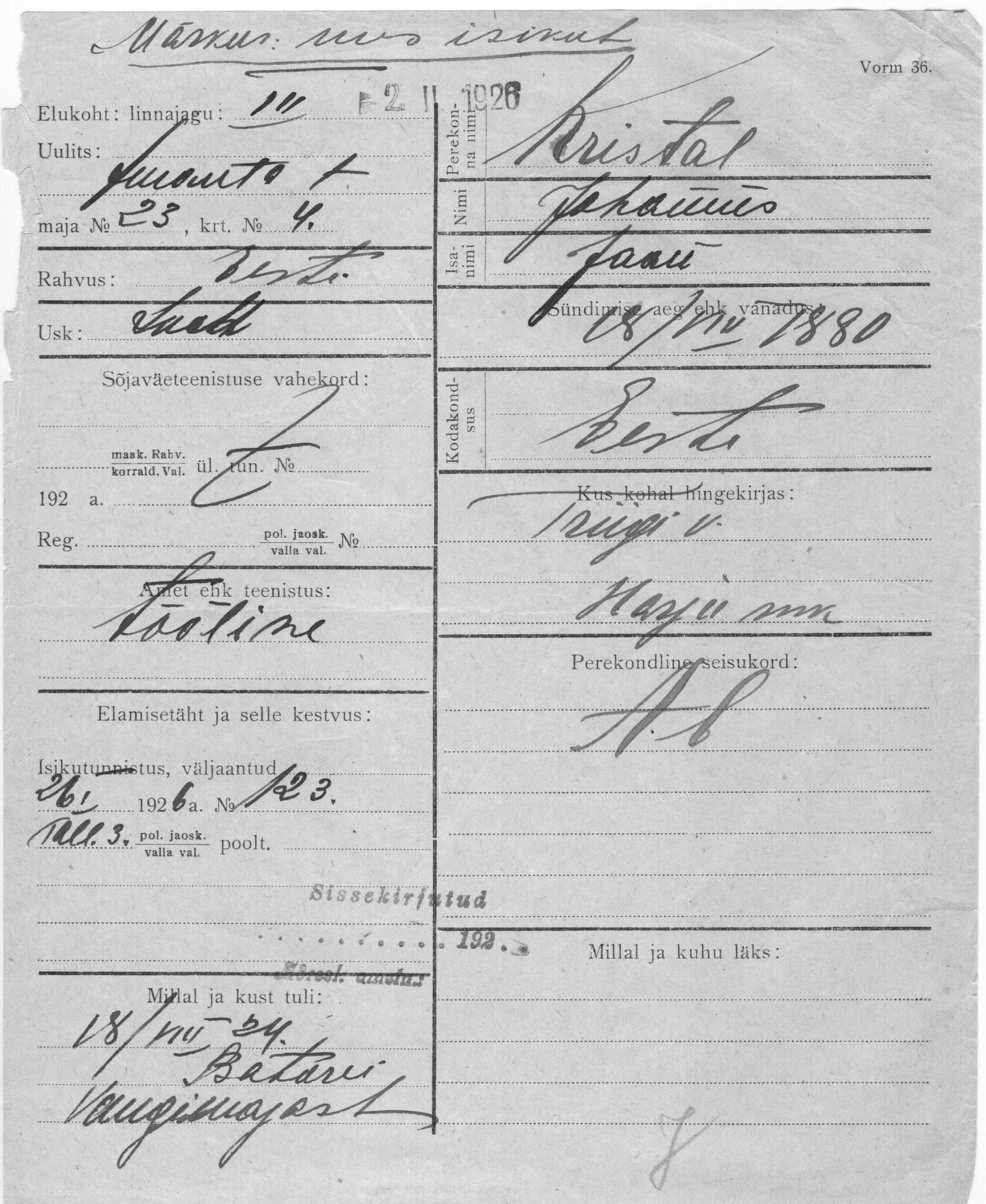 Kristal, Johannes, Jaan