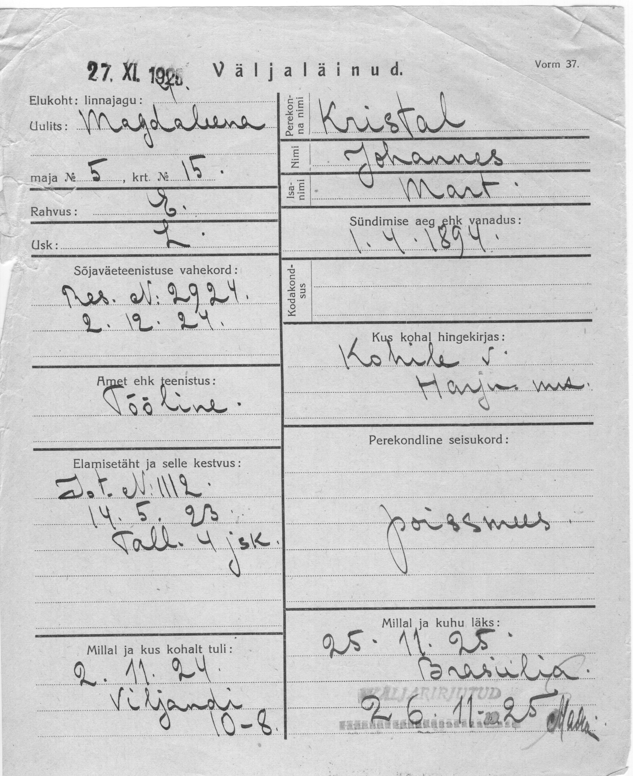 Kristal, Johannes, Mart