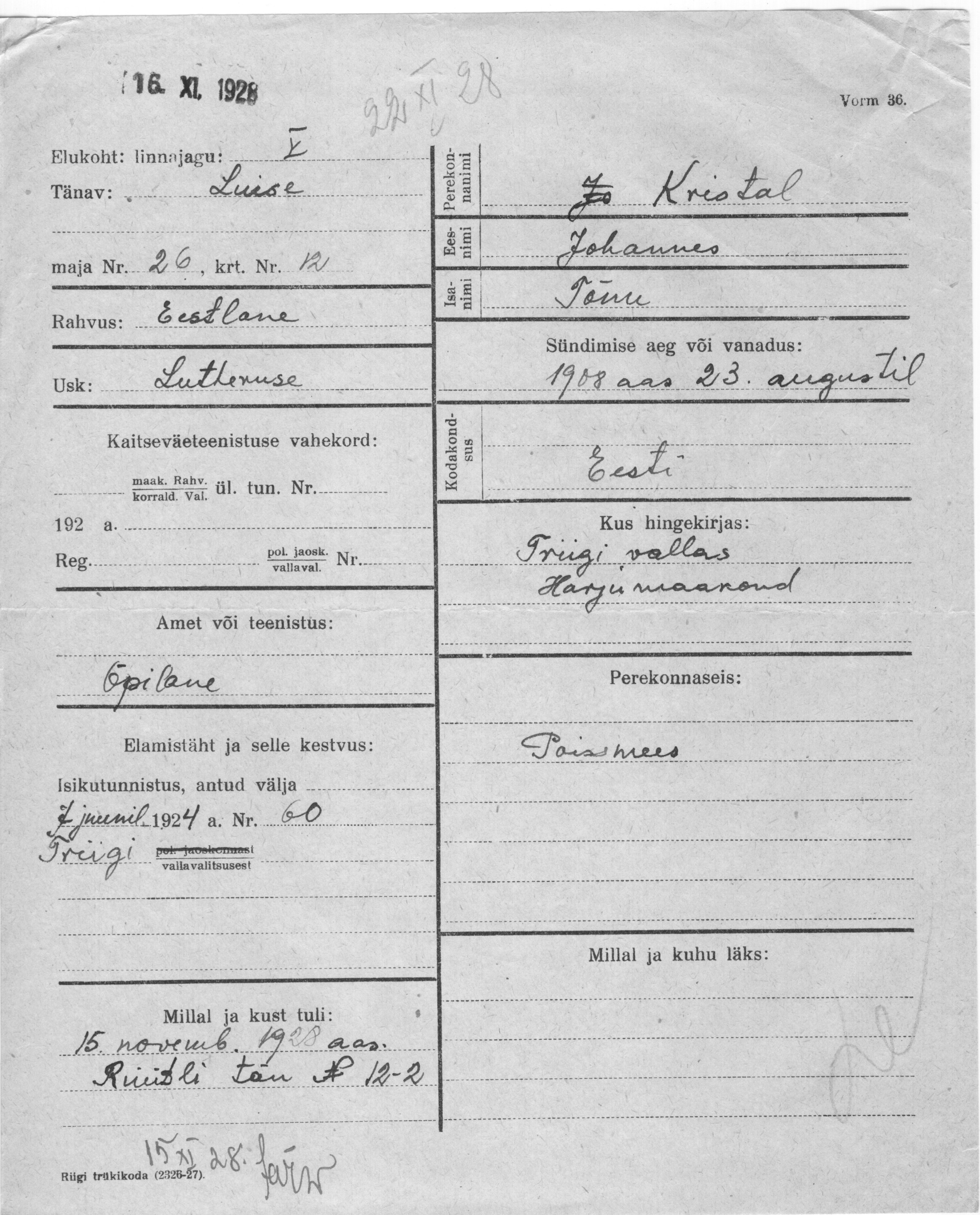 Kristal, Johannes, Tõnu