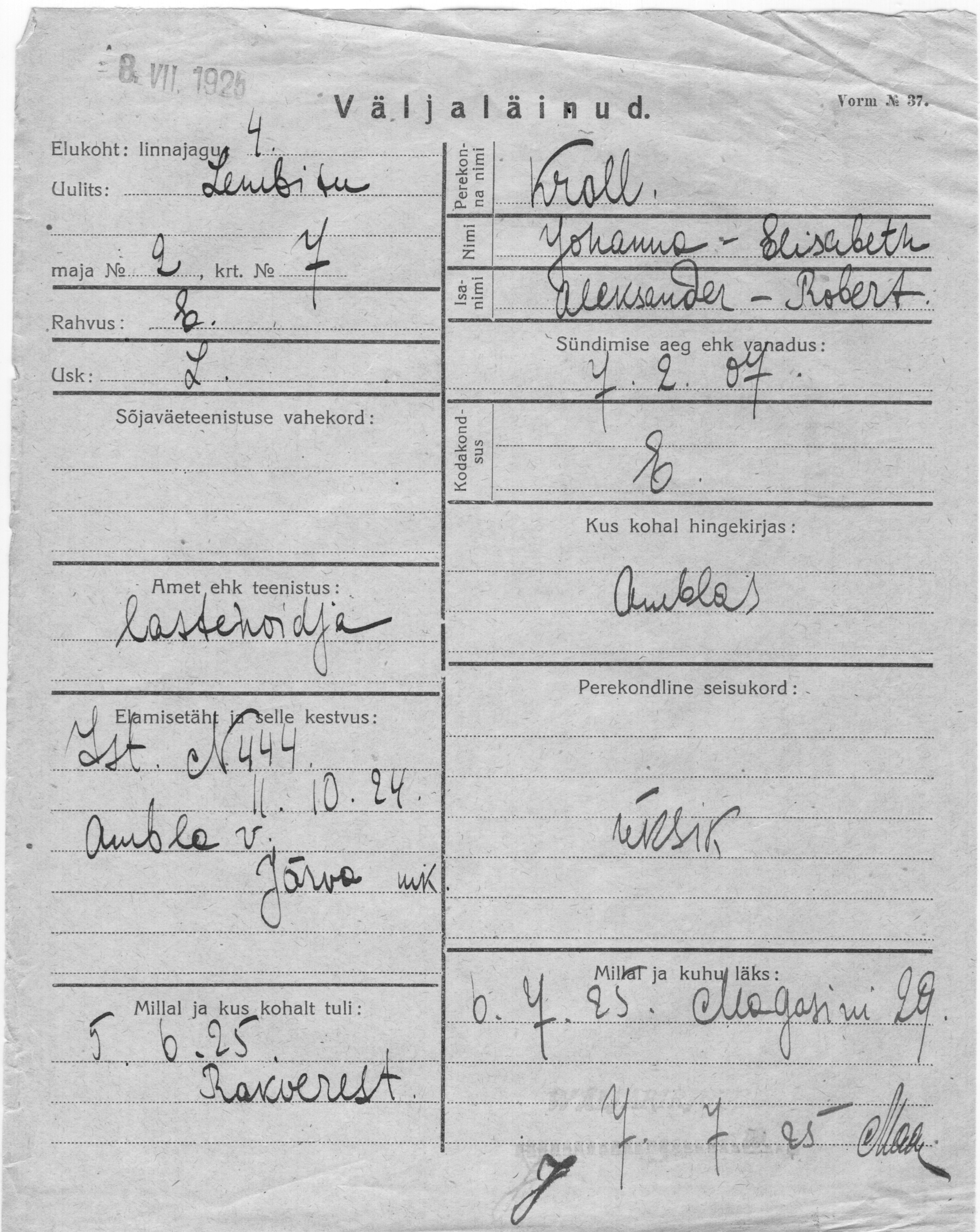 Kroll, Johanna-Elisabeth, Aleksander-Robert