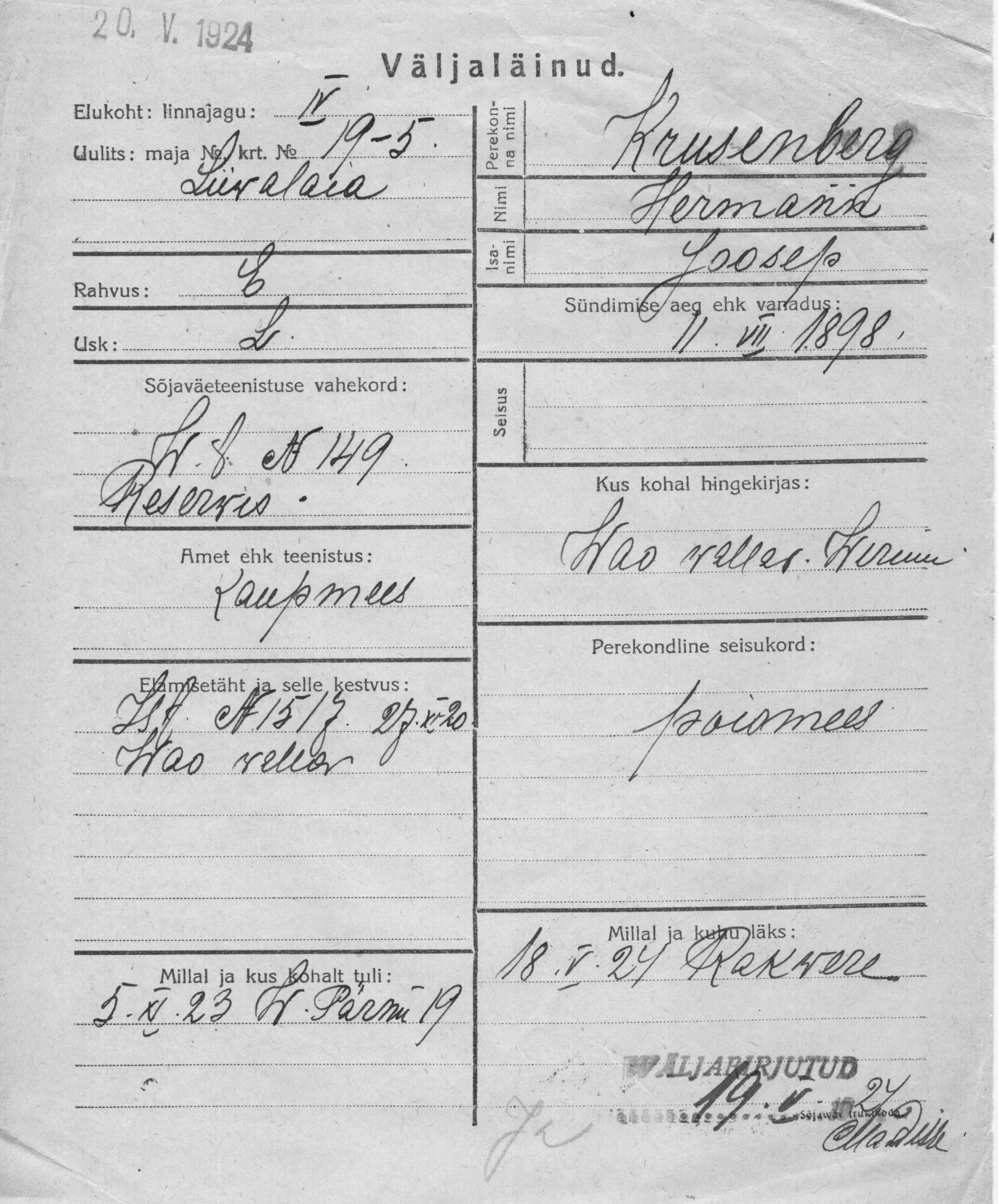 Krusenberg, Hermann, Joosep