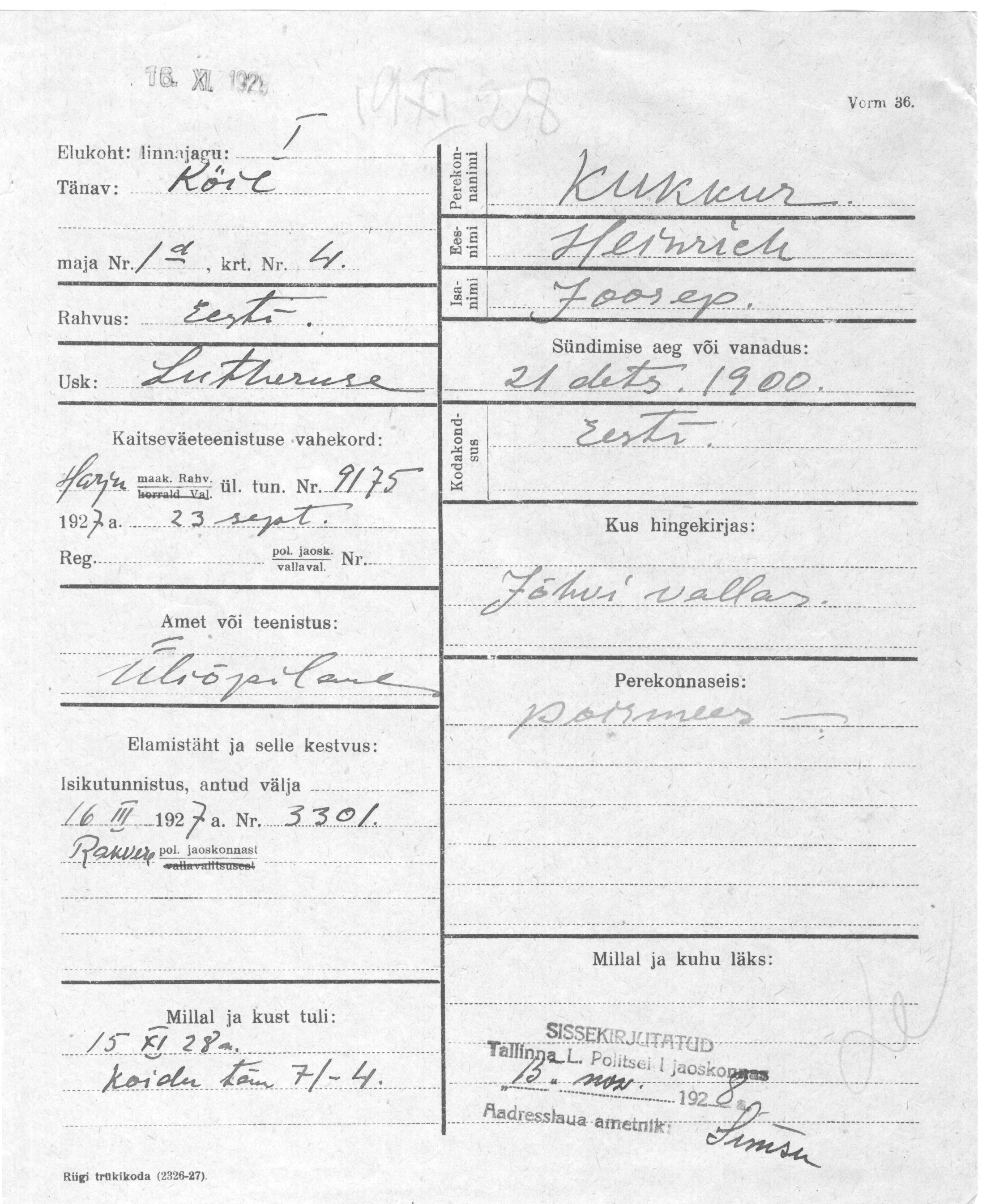 Kukkur, Heinrich, Joosep