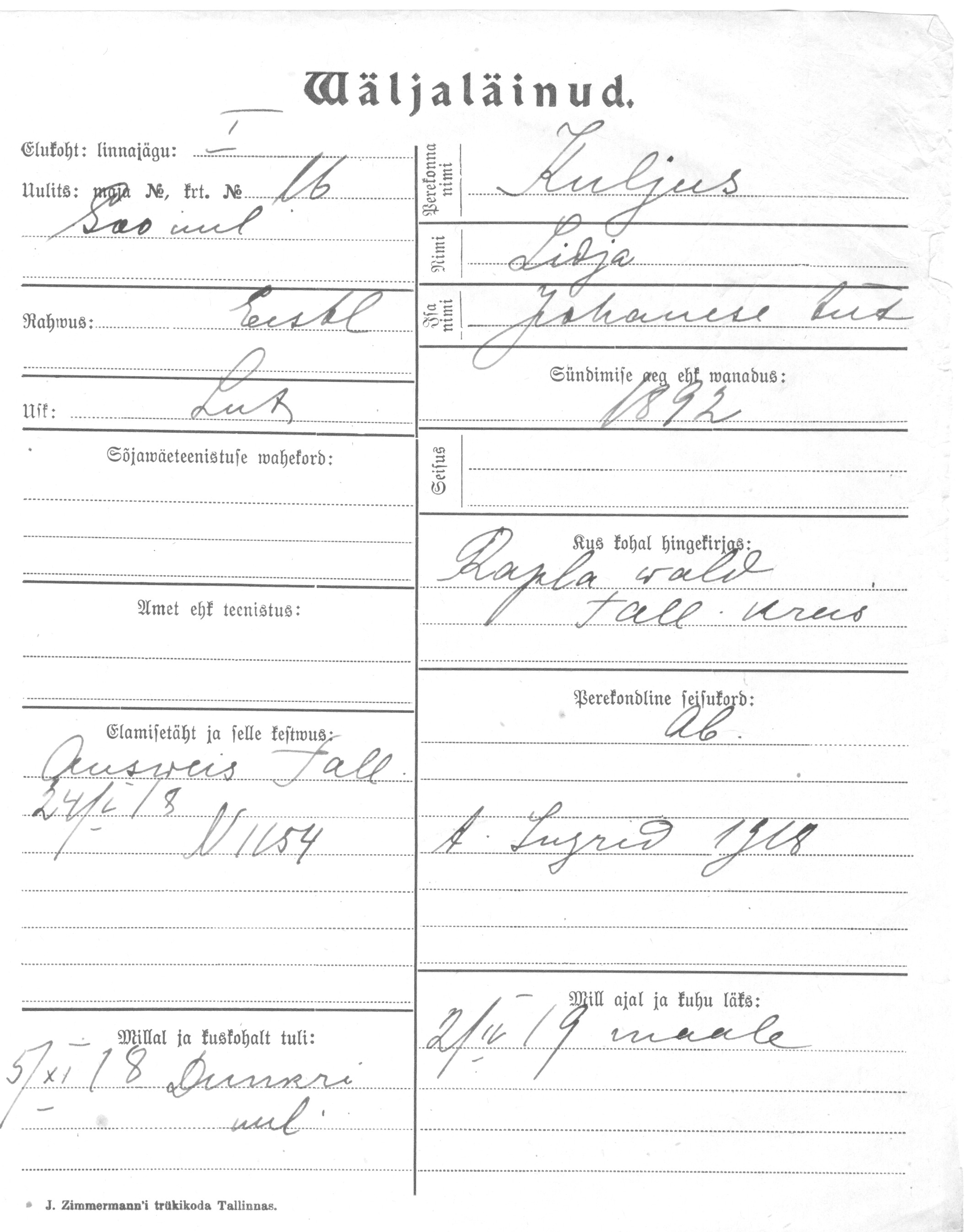 Kuljus, Lidja, Johannes