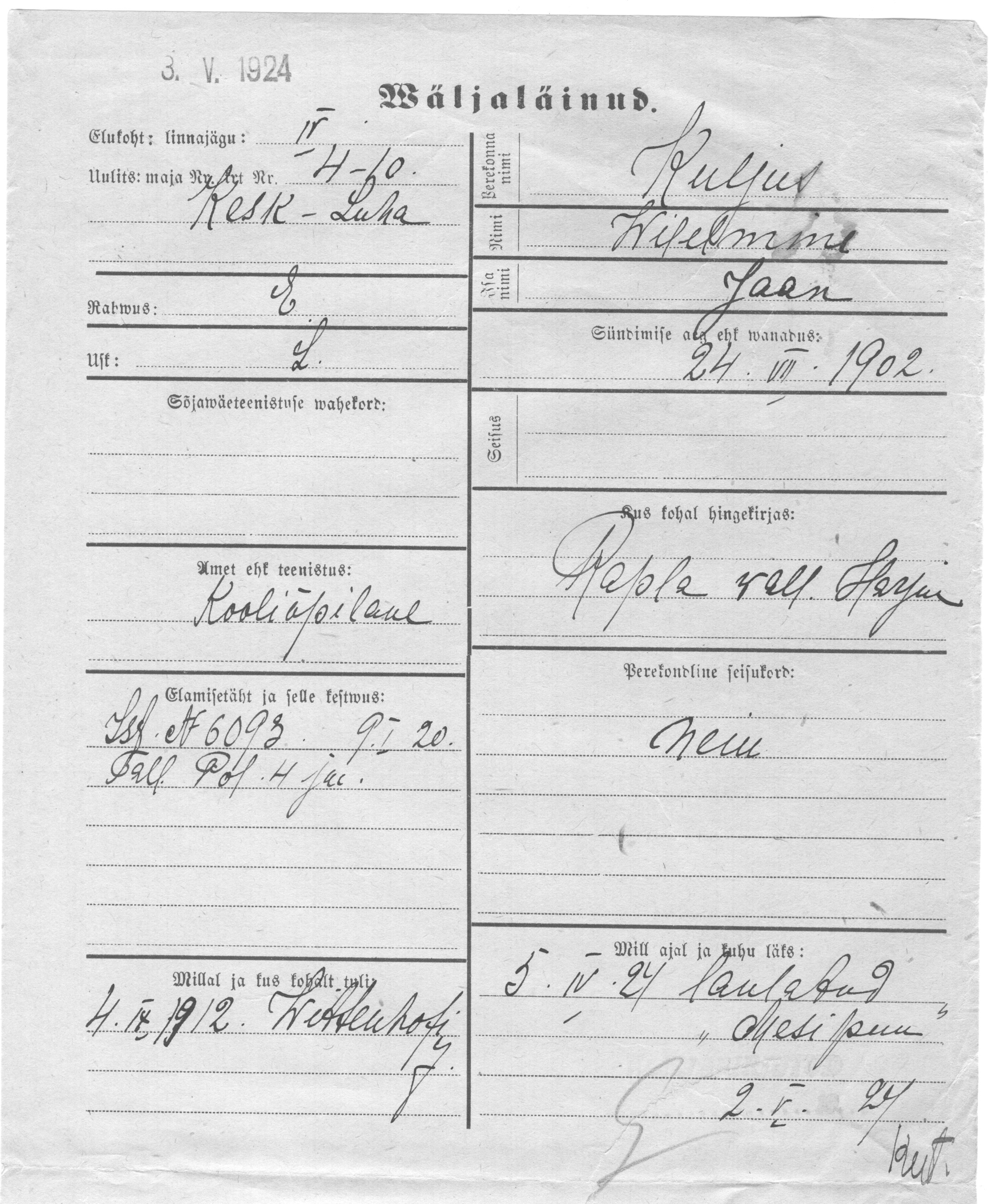 Kuljus, Wihelmine, Jaan