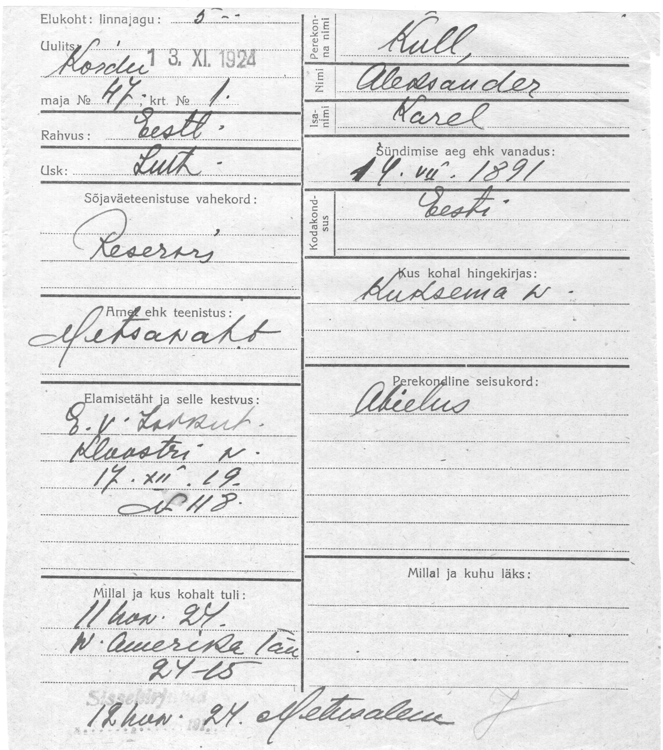 Kull, Aleksander, Karel