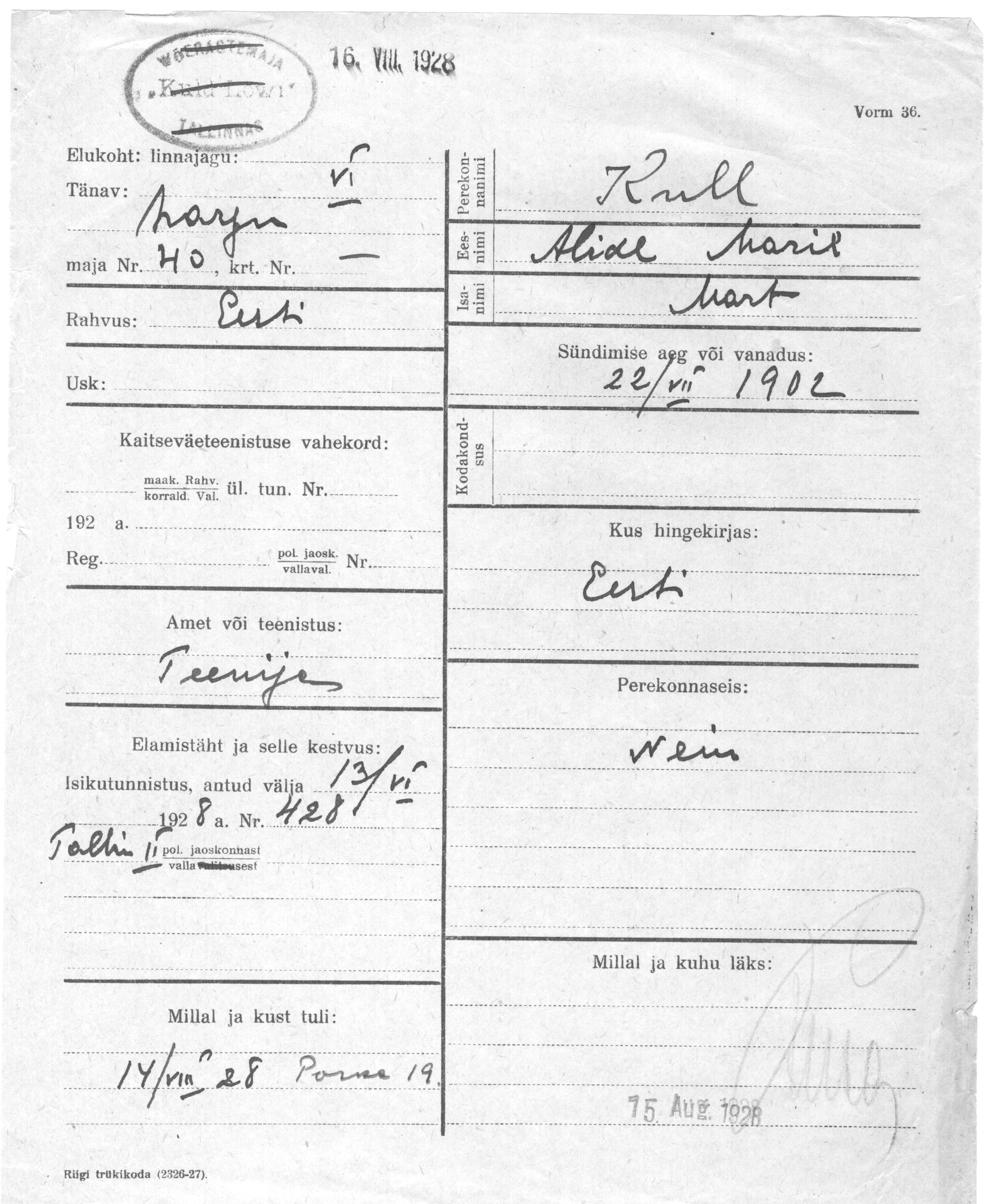 Kull, Alide marie, Mart