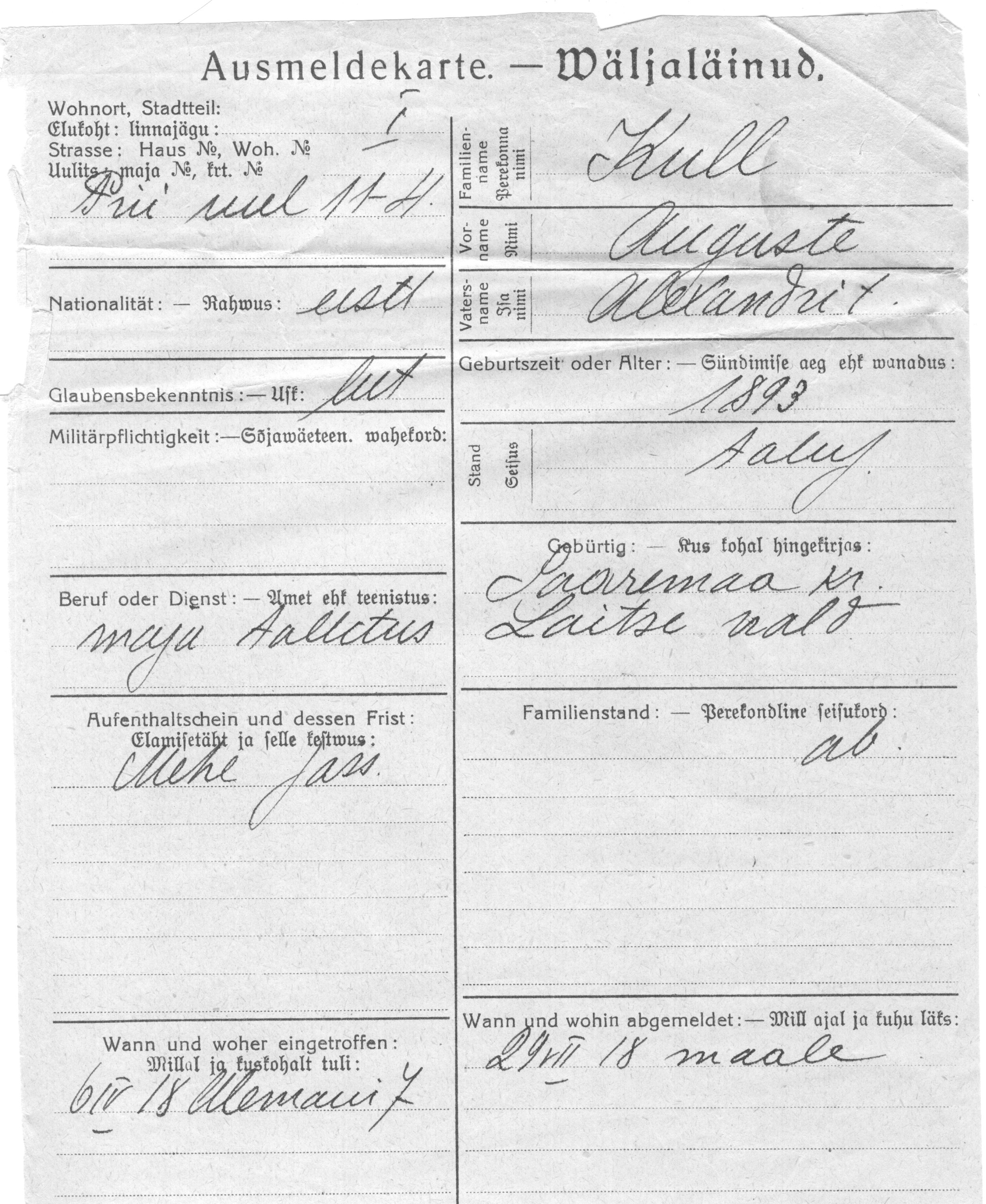 Kull, Auguste, Alexandr