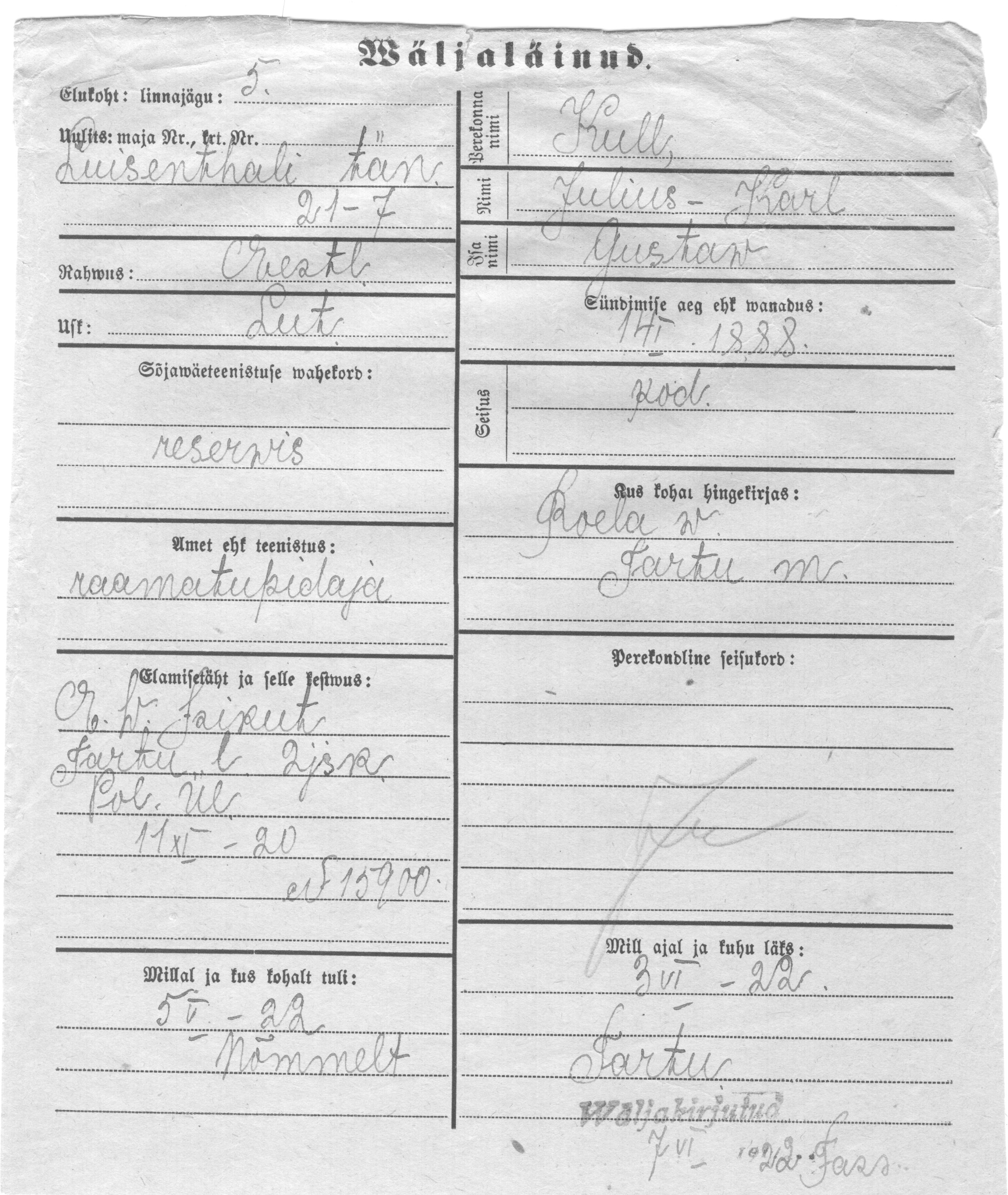 Kull, Julius-Karl, Gustaw