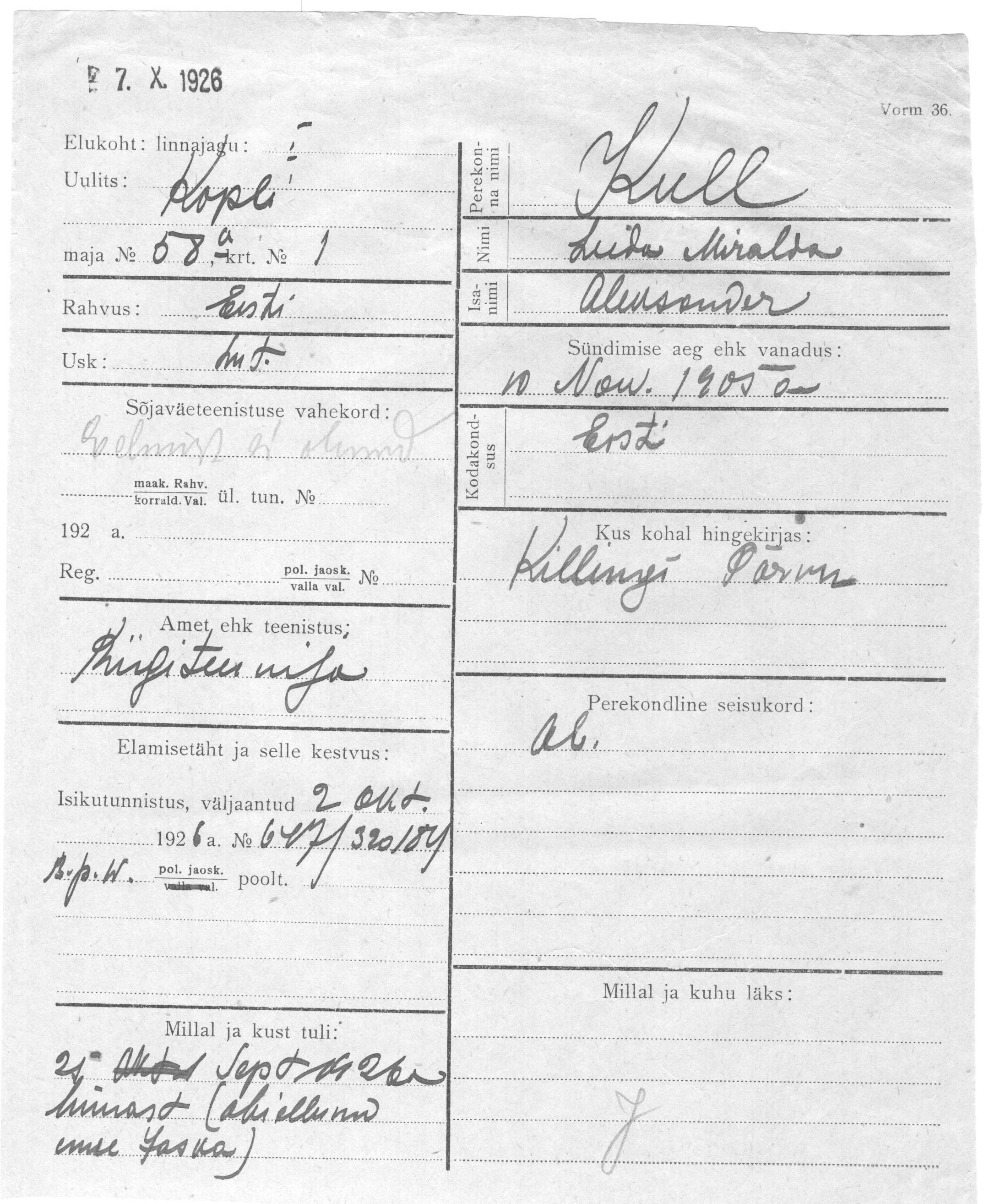 Kull, Leida miralda, Aleksander