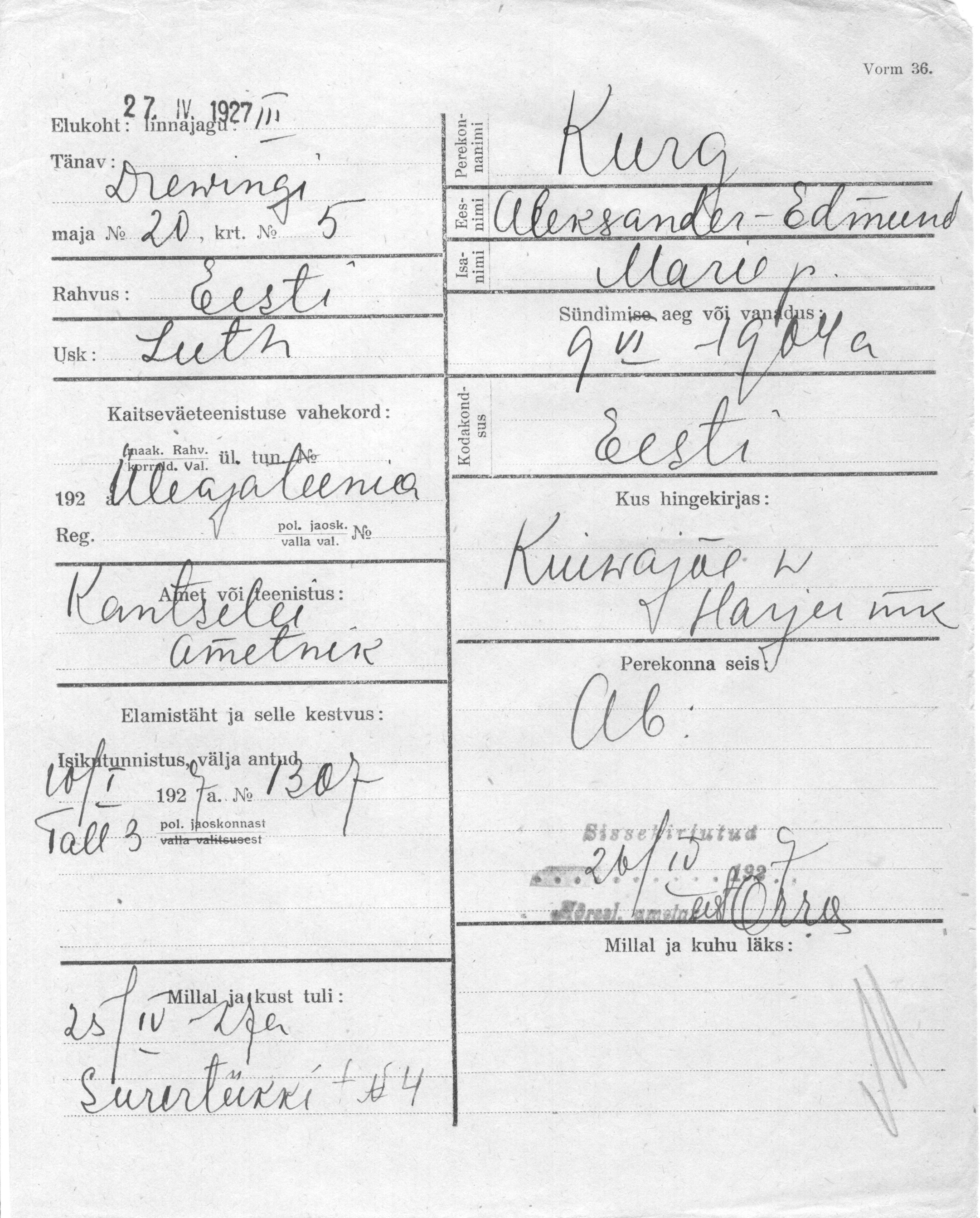 Kurg, Aleksander edmund, Marie