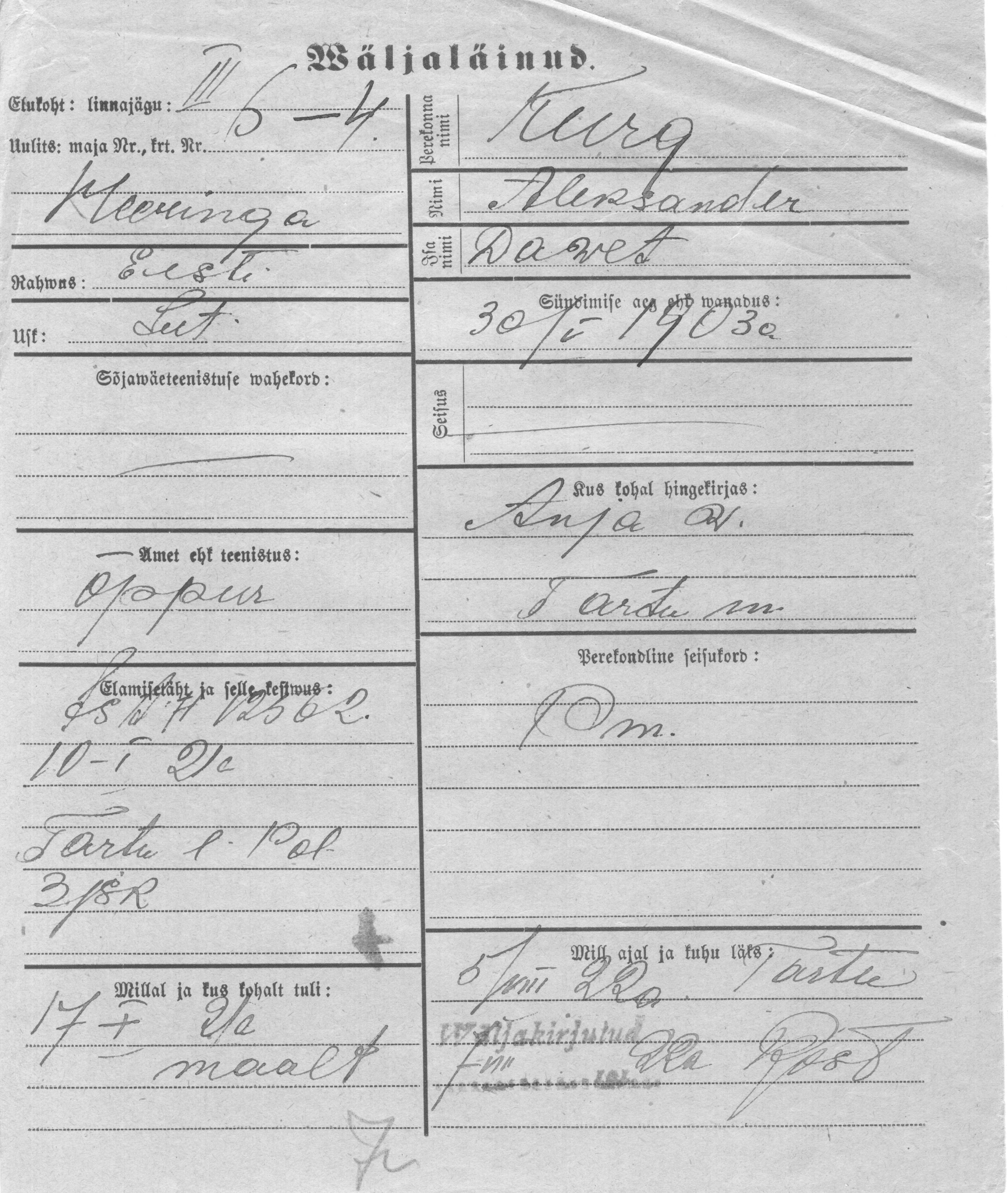 Kurg, Aleksander, Dawet