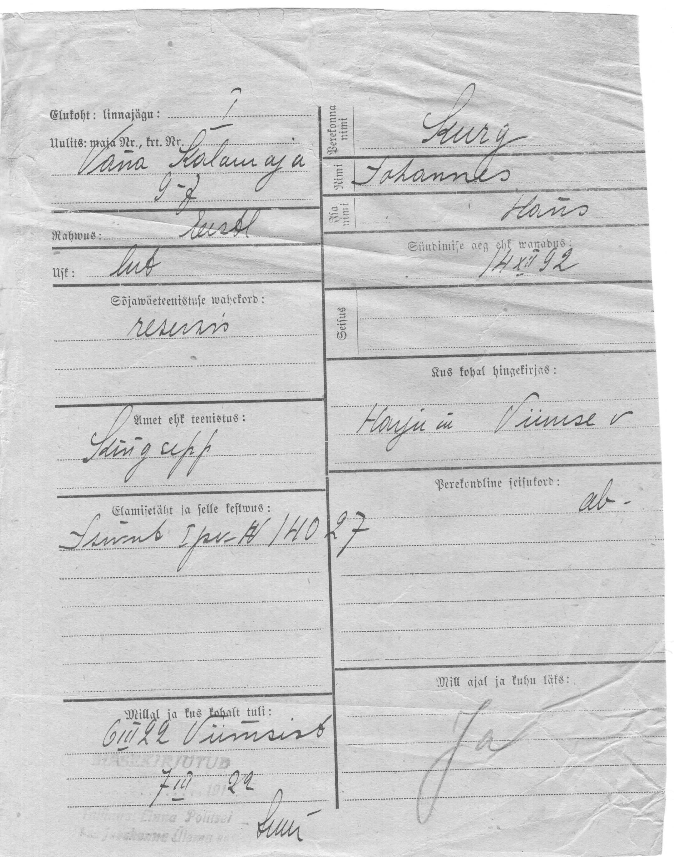 Kurg, Johannes, Hans