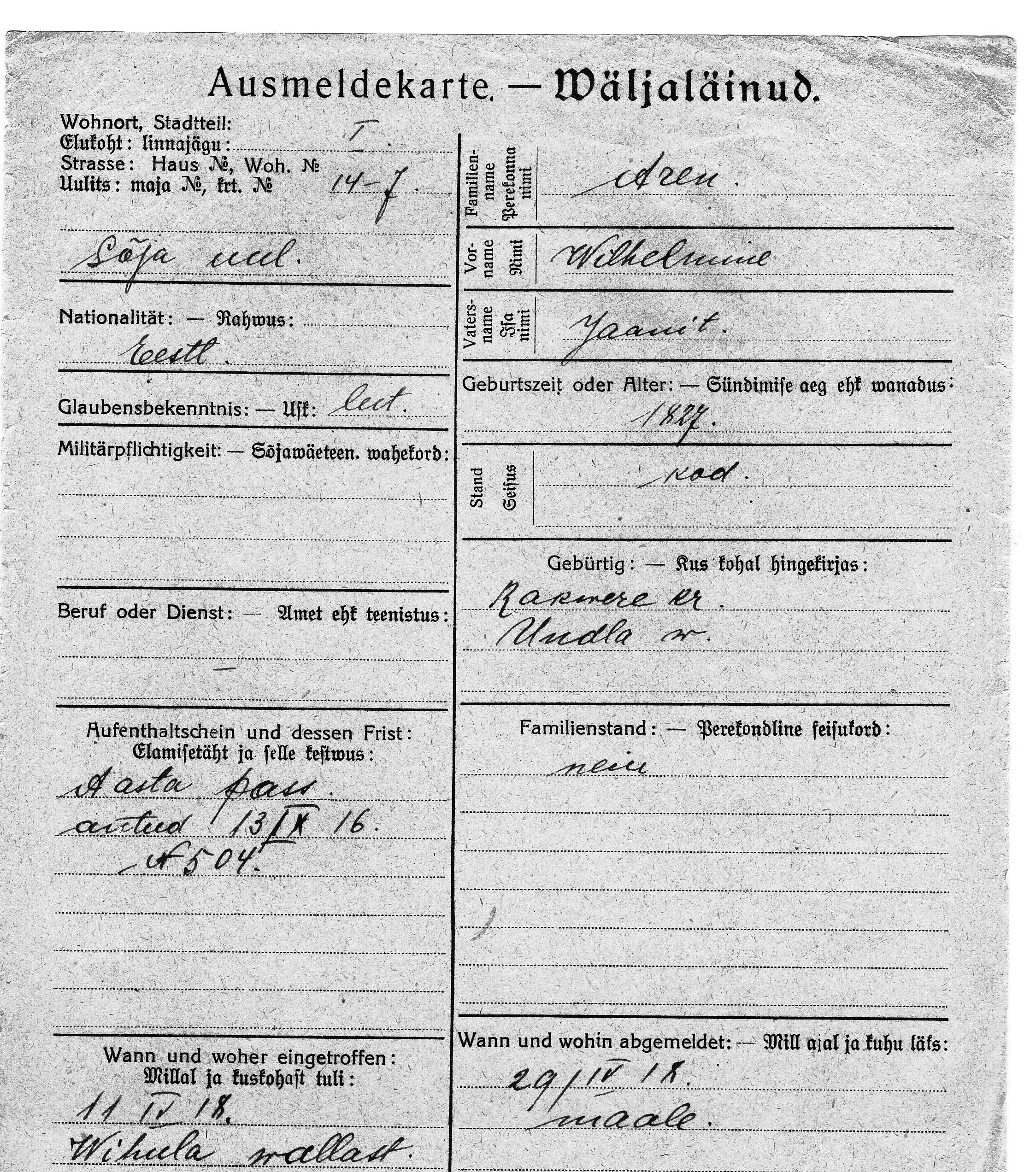 Aren, Wilhelmine, Jaan