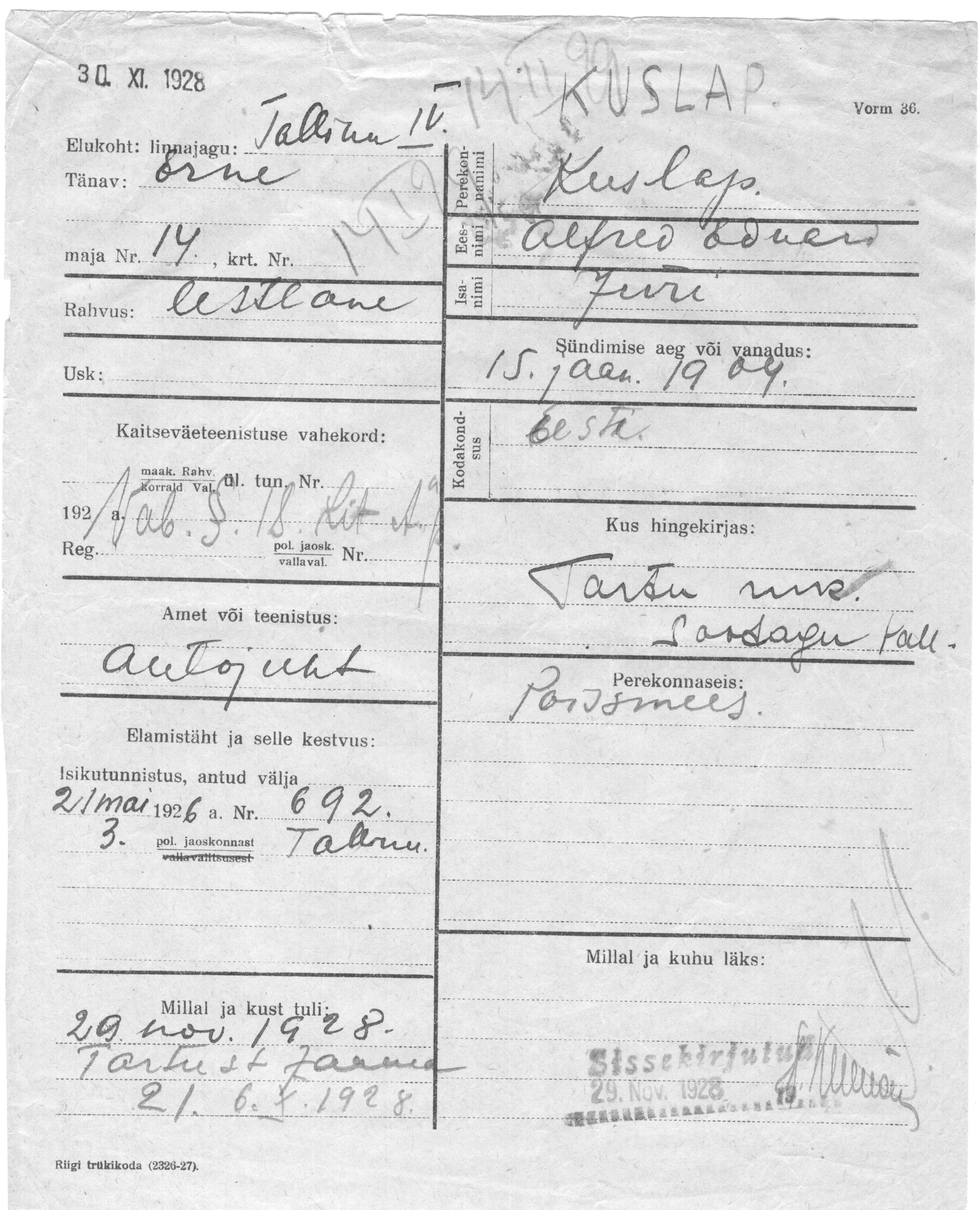 Kuslap, Alfred eduard, Jüri