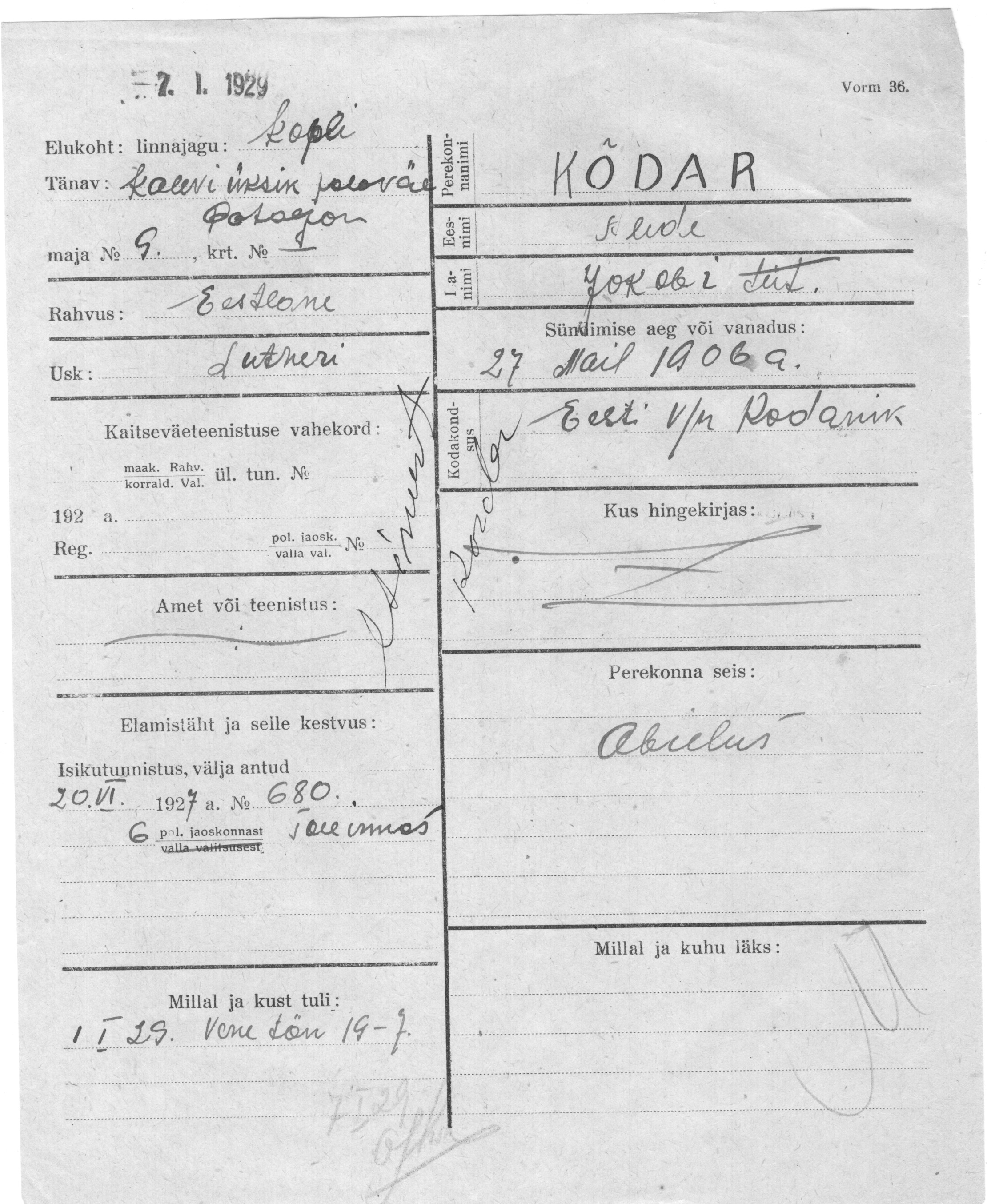 Kõdar, Alide, Jokob