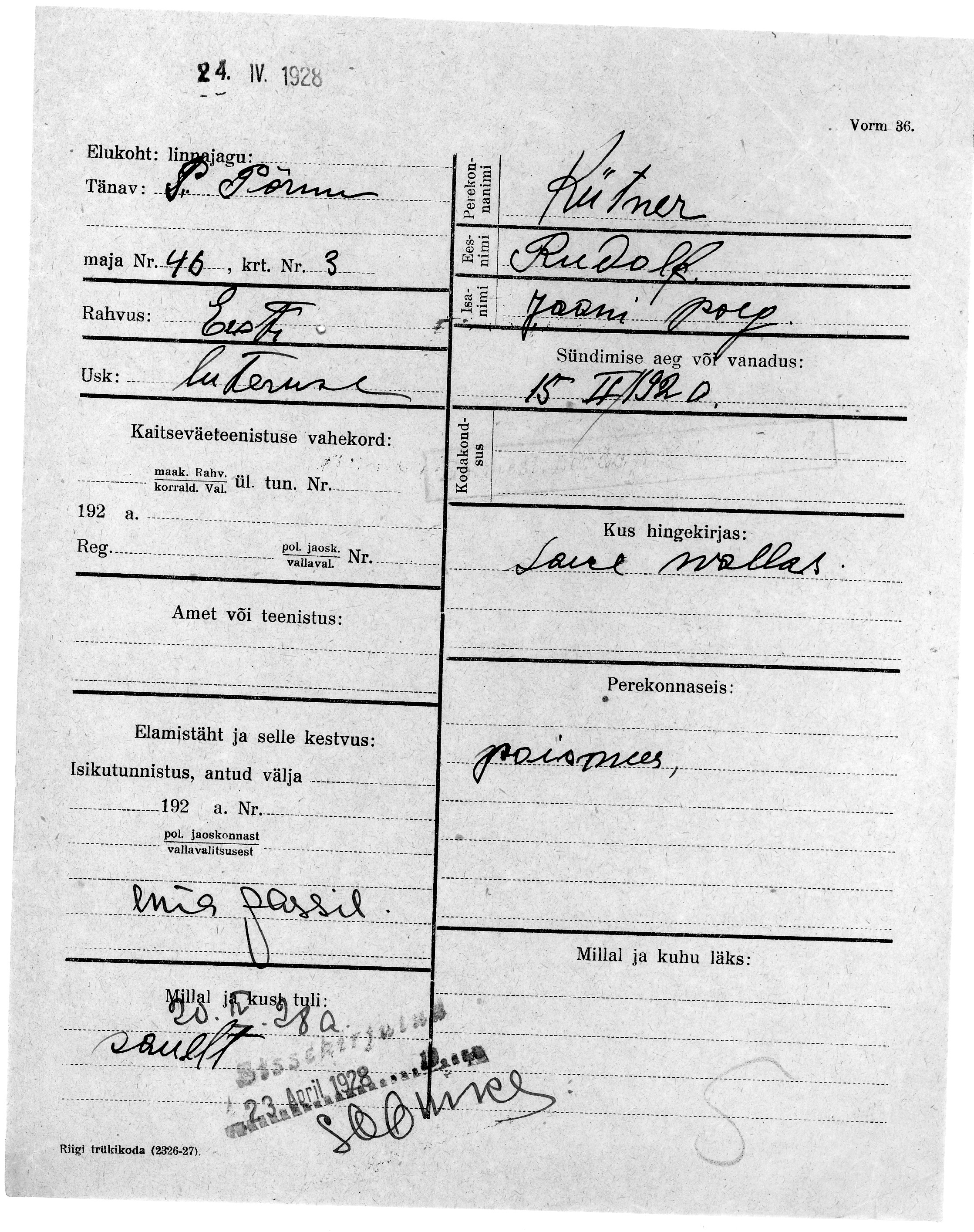 Kütner, Rudolf, Jaan