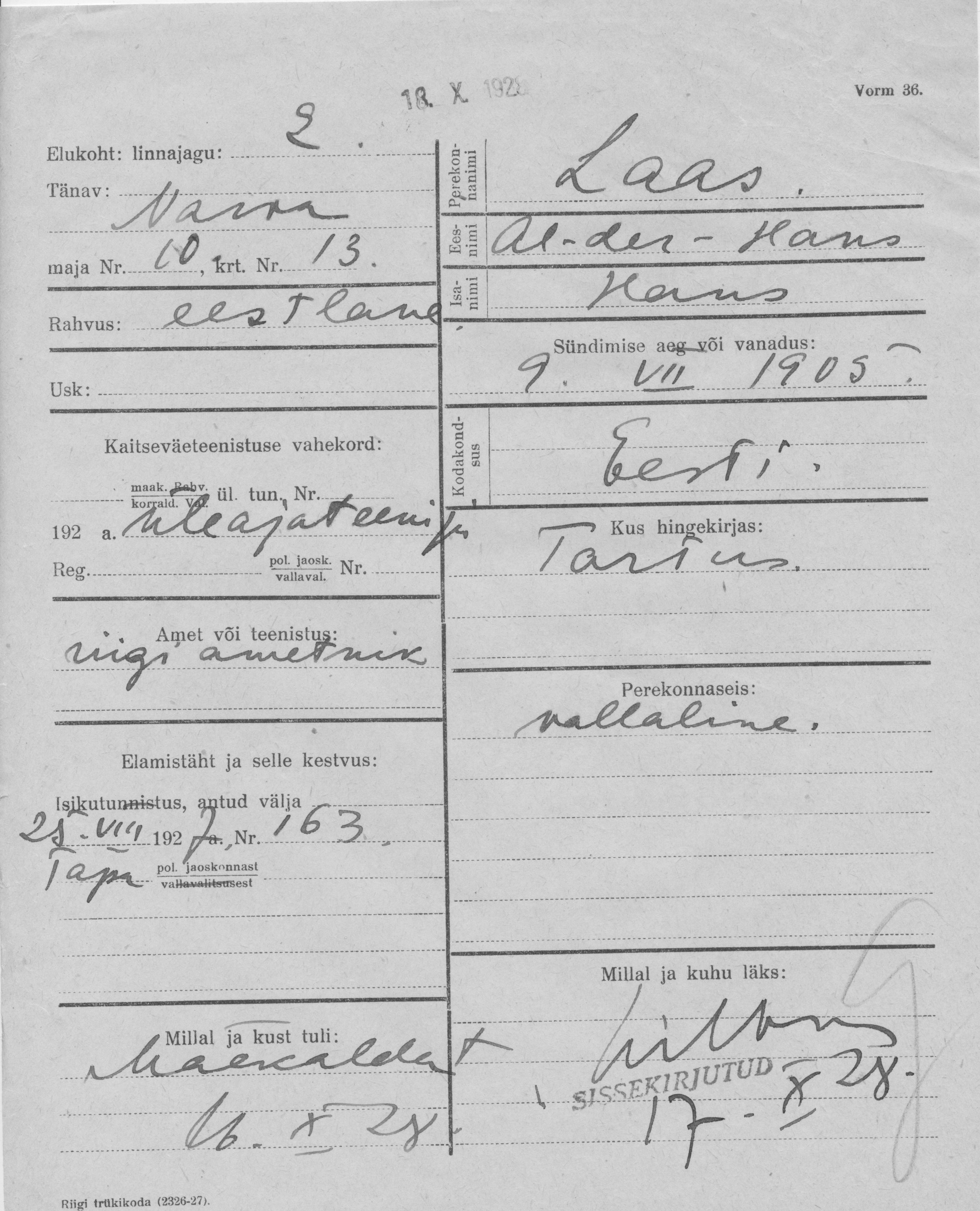 Laas, Aleksander-Hans, Hans