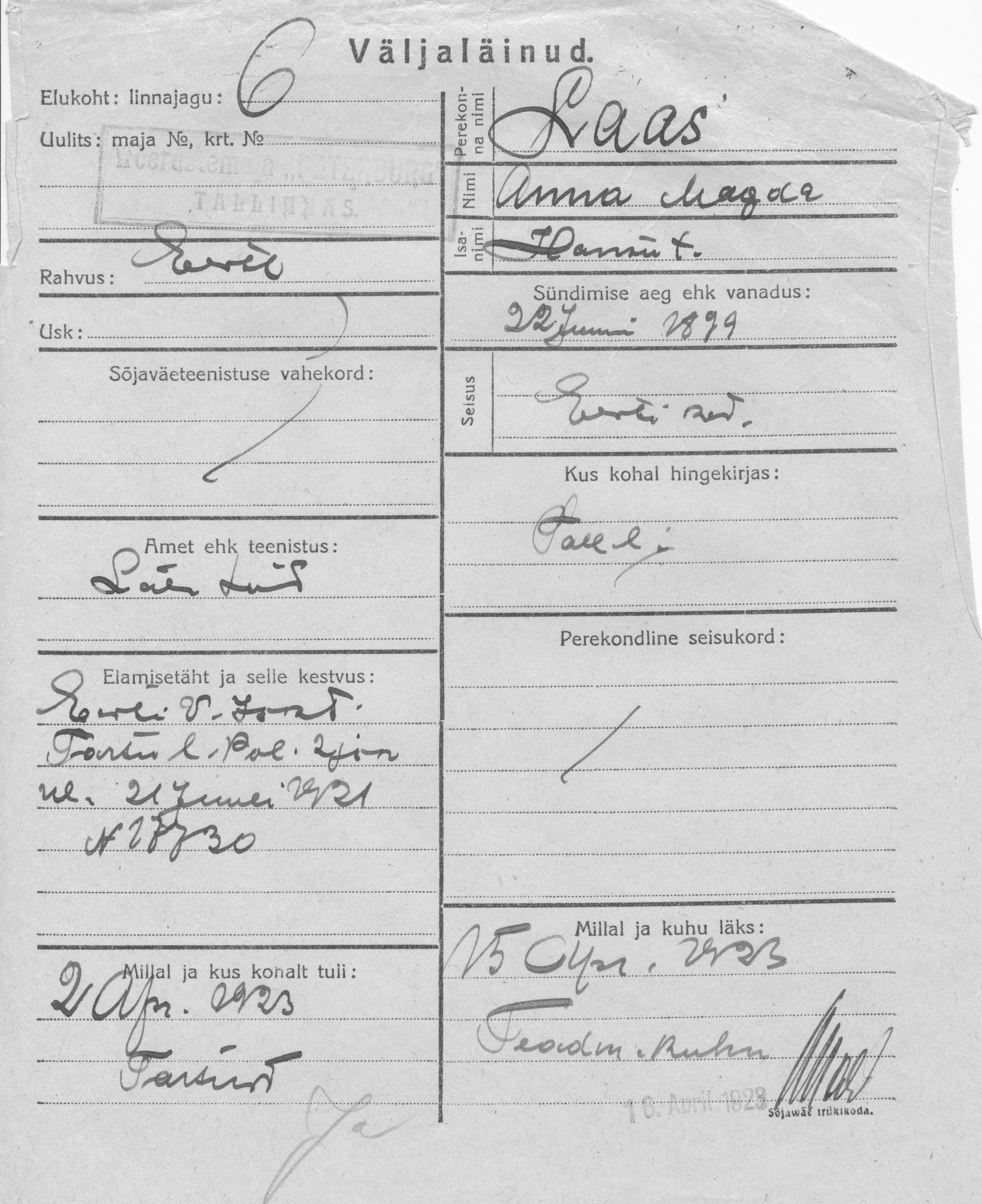 Laas, Anna Magda, Hans