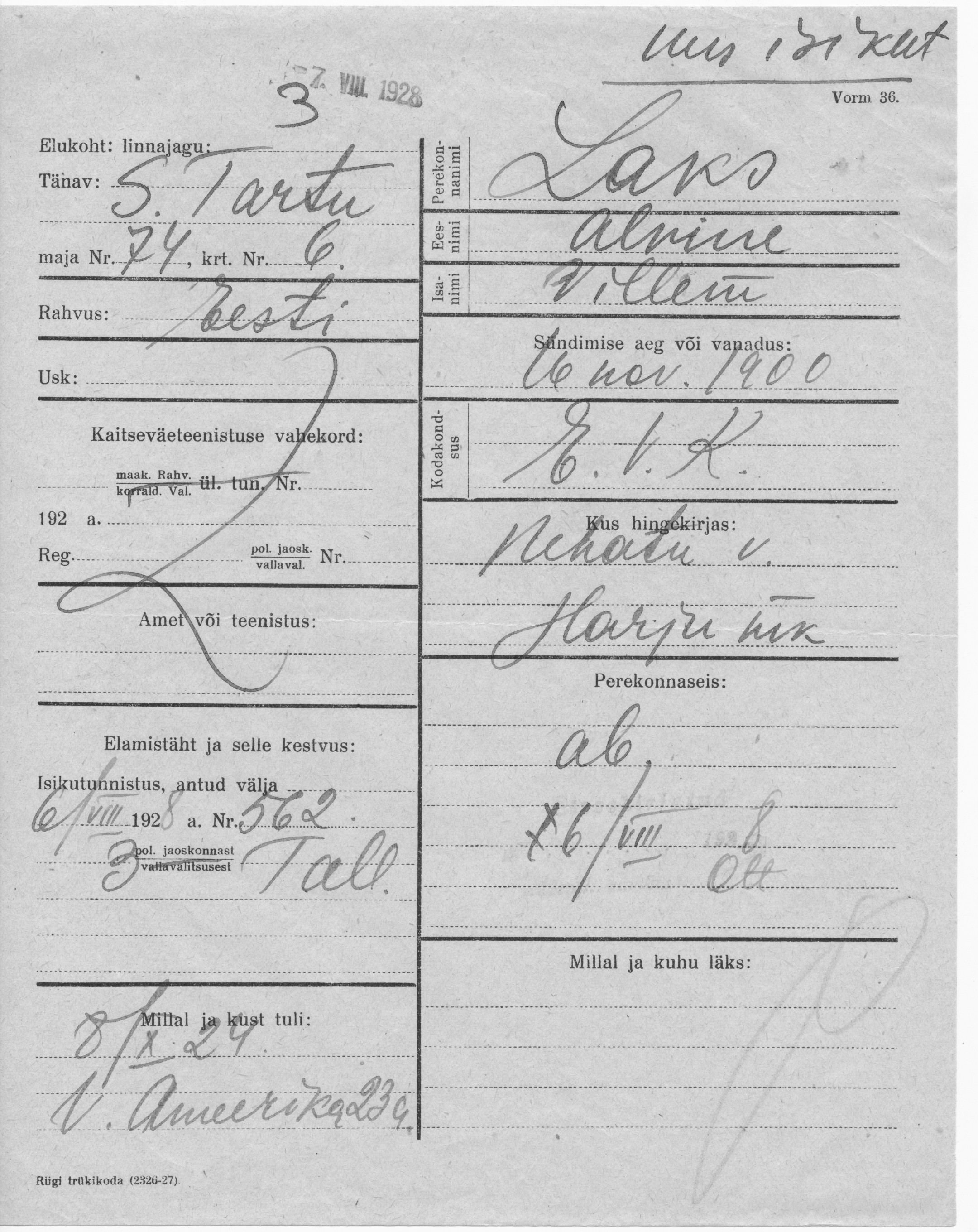 Laks, Alvine, Villem