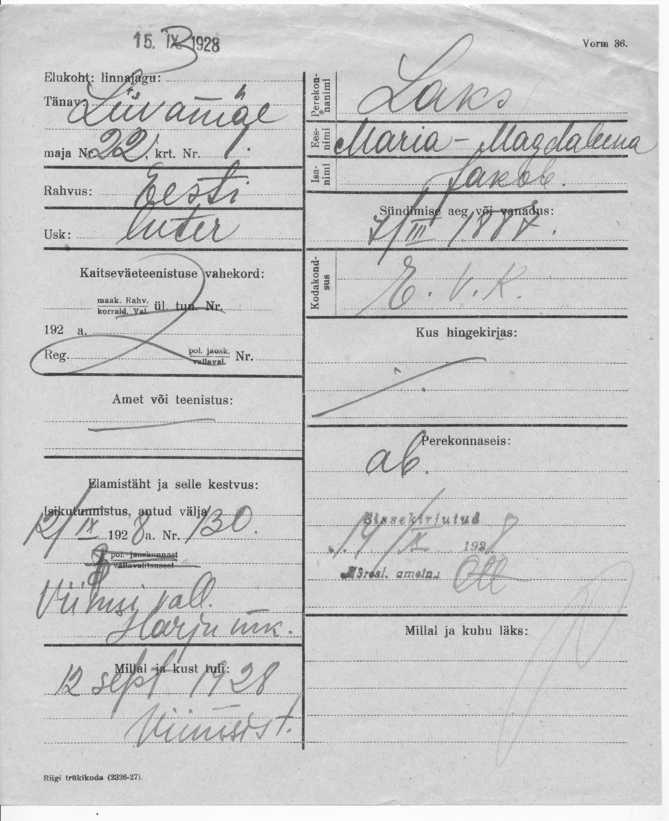 Laks, Maria-Magdaleena, Jakob