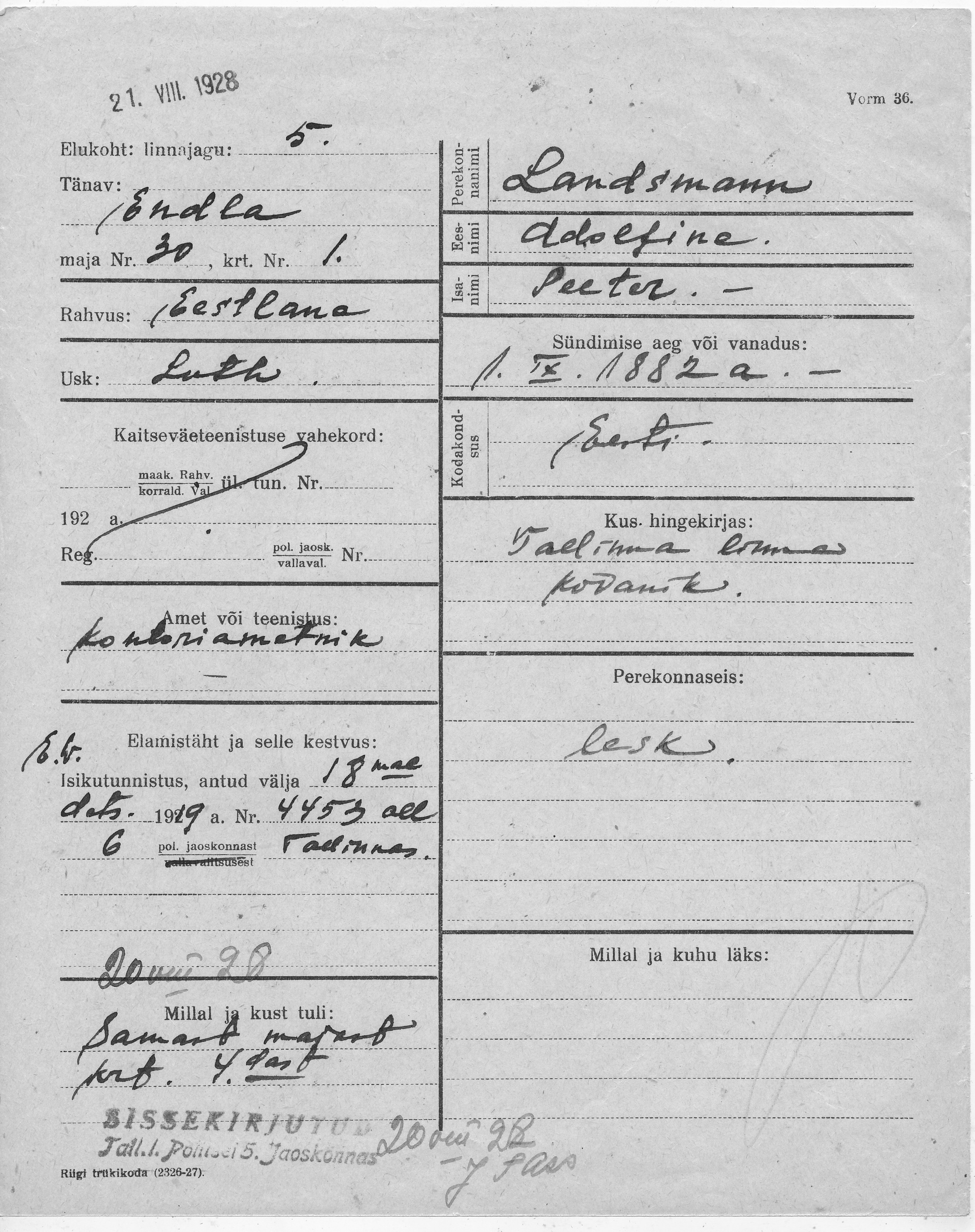 Landsmann, Adolfina, Peeter