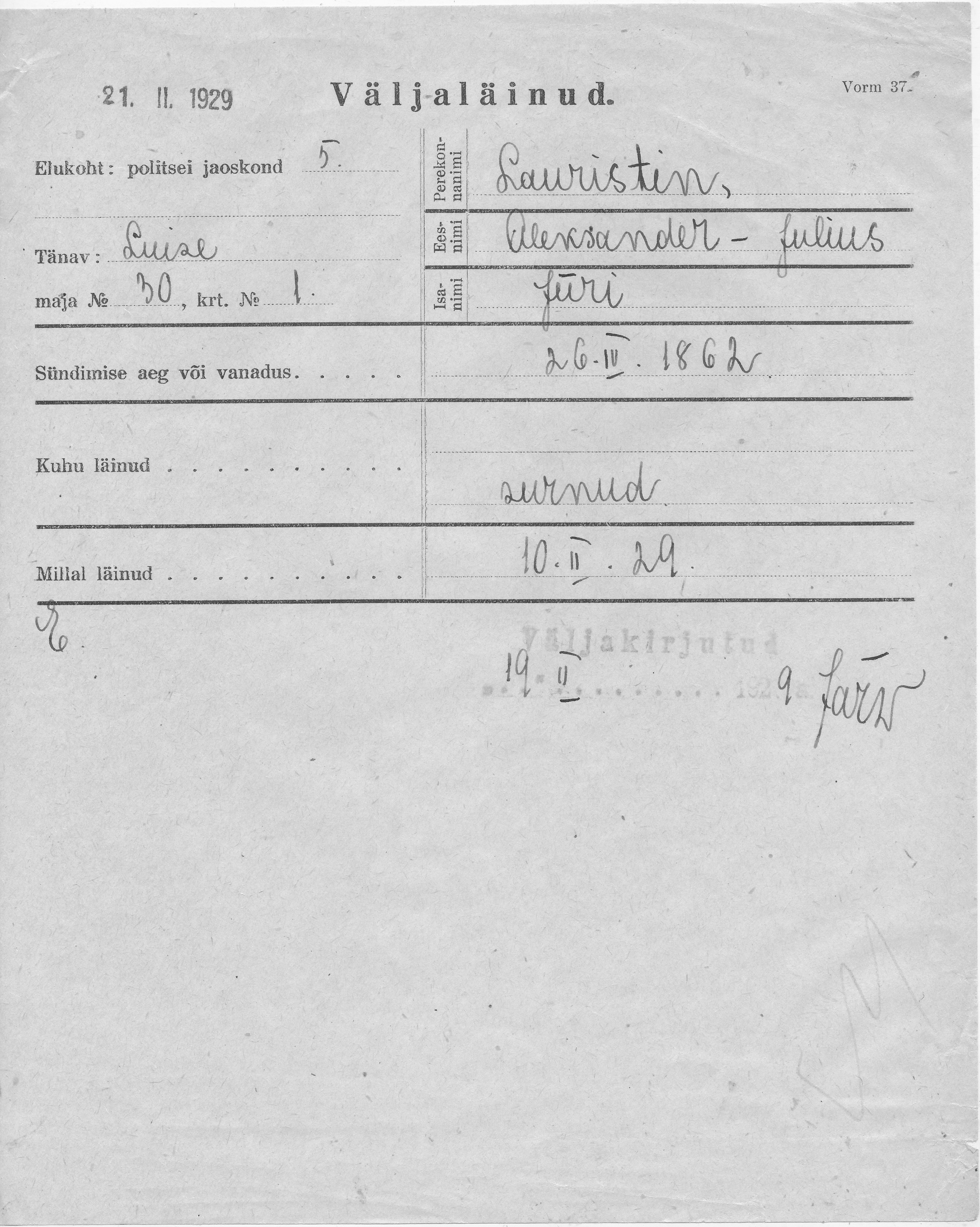 Lauristin, Aleksander-Julius, Jüri