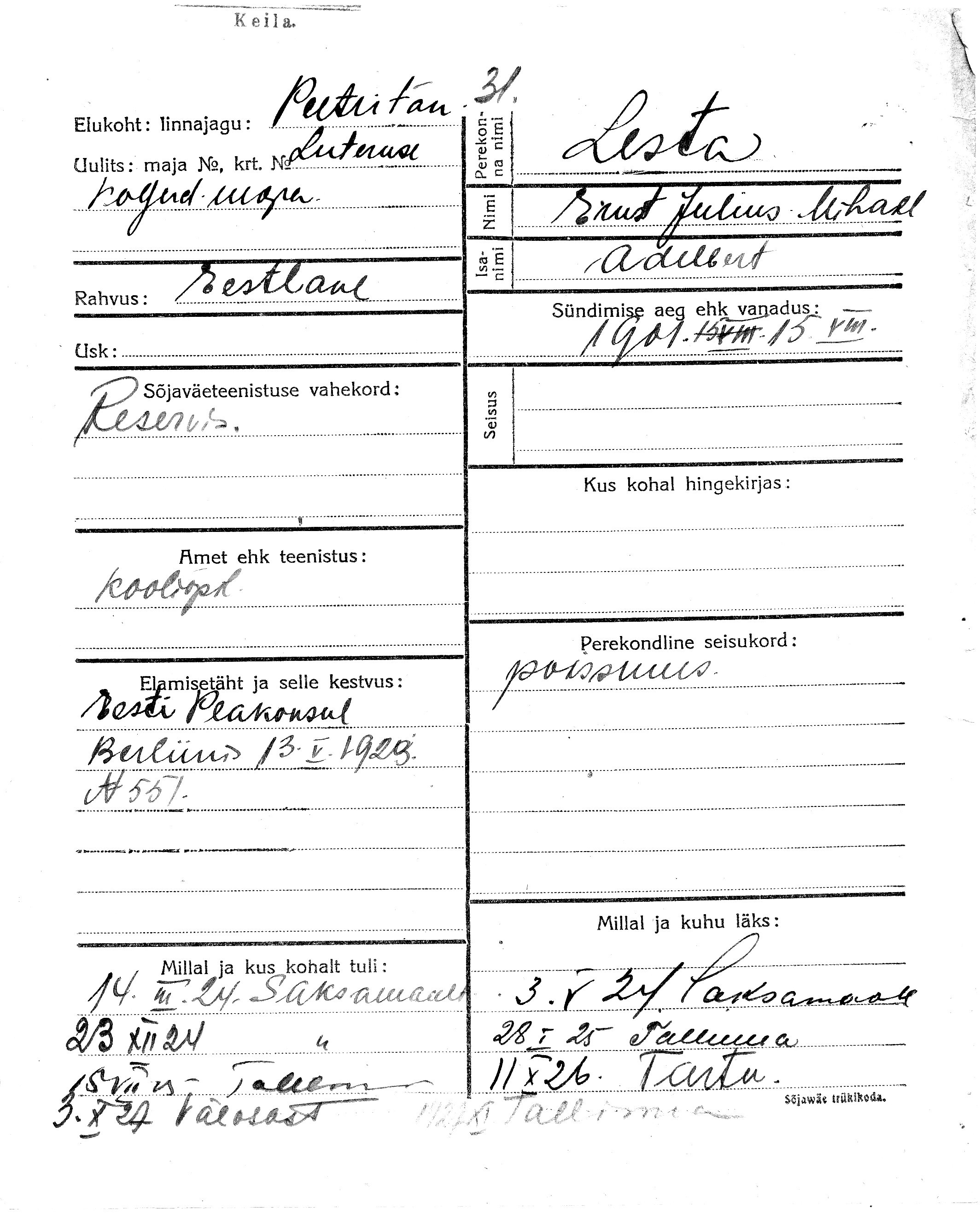 Lesta, Ernst Julius Mihael, Adelbert