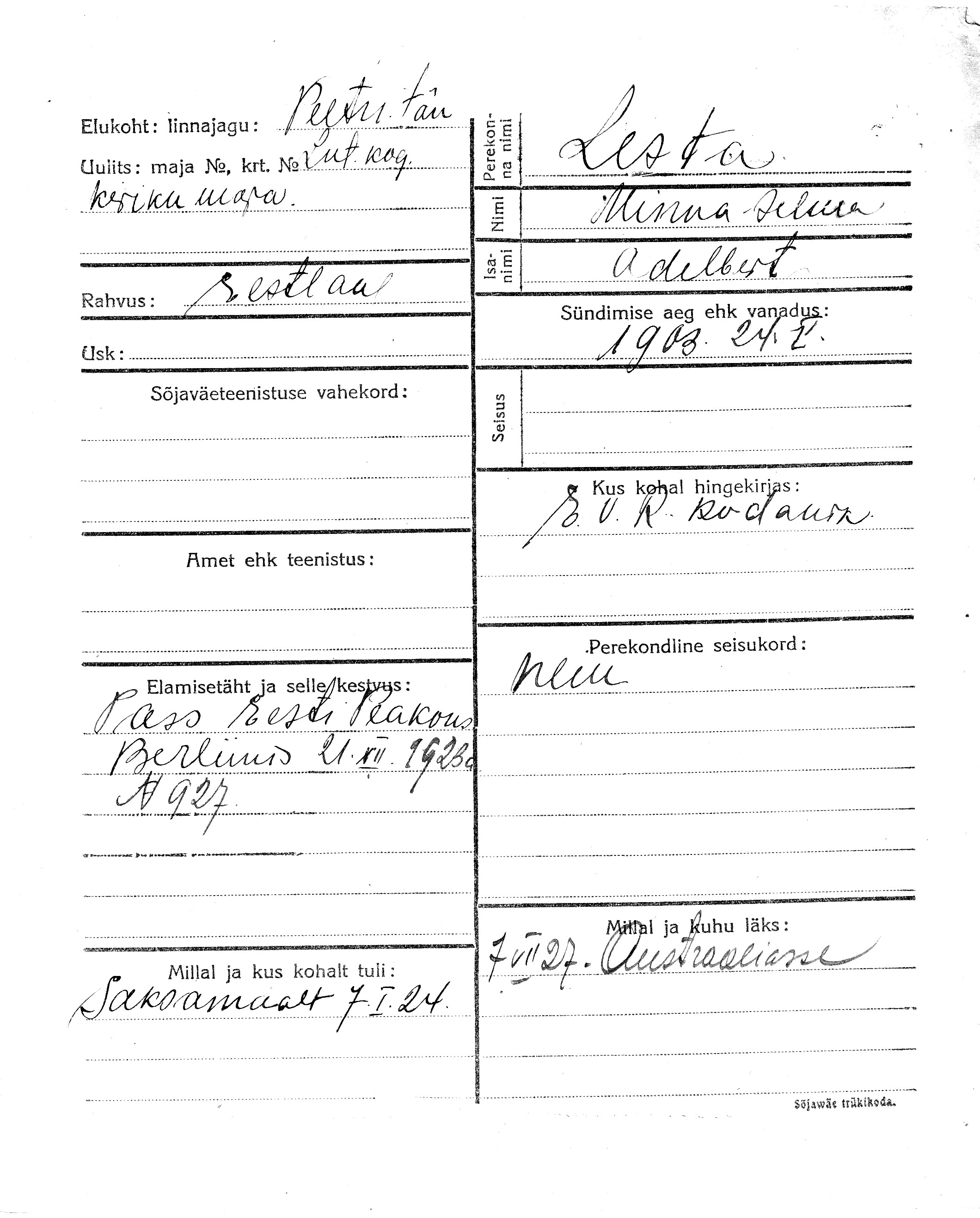 Lesta, Minna-Selma, Adelbert