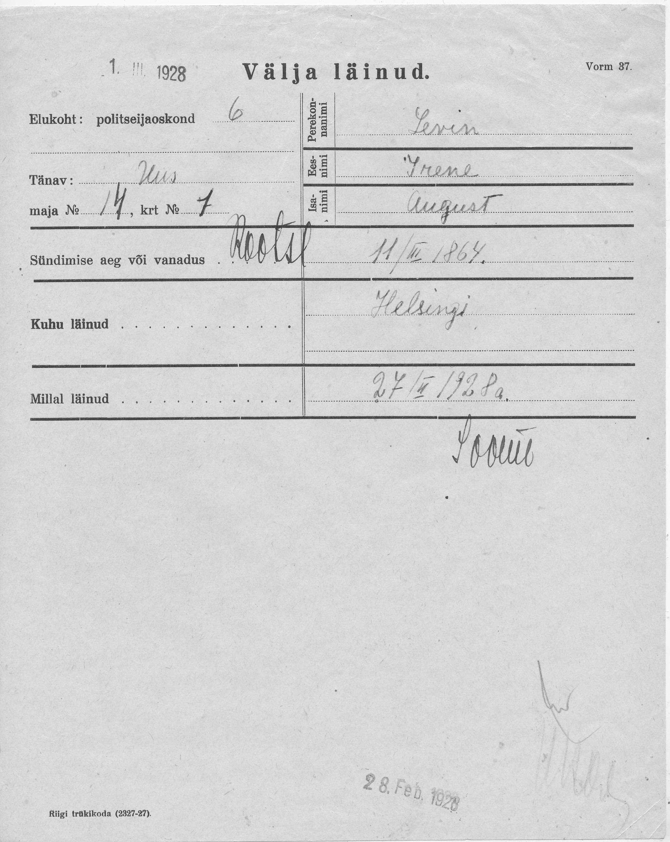 Levin, Irene, August