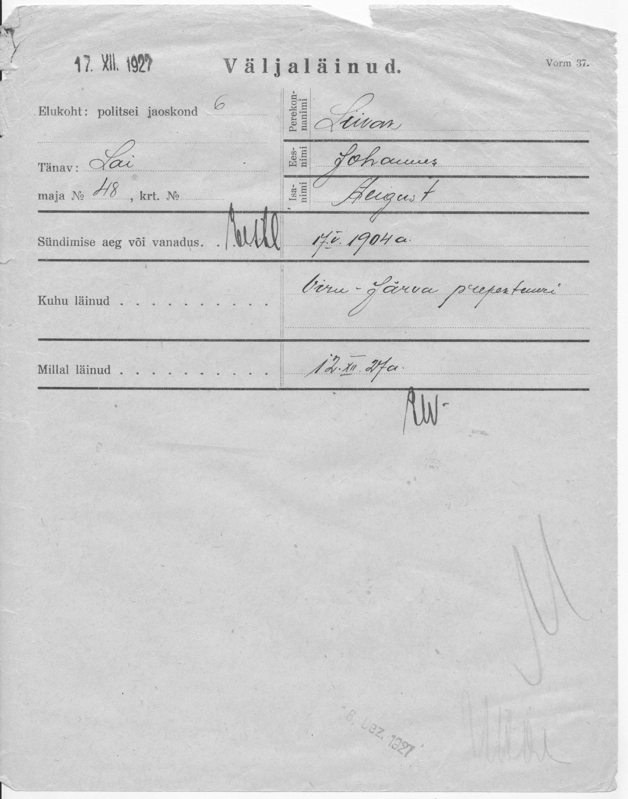 Liivak, Johannes, August