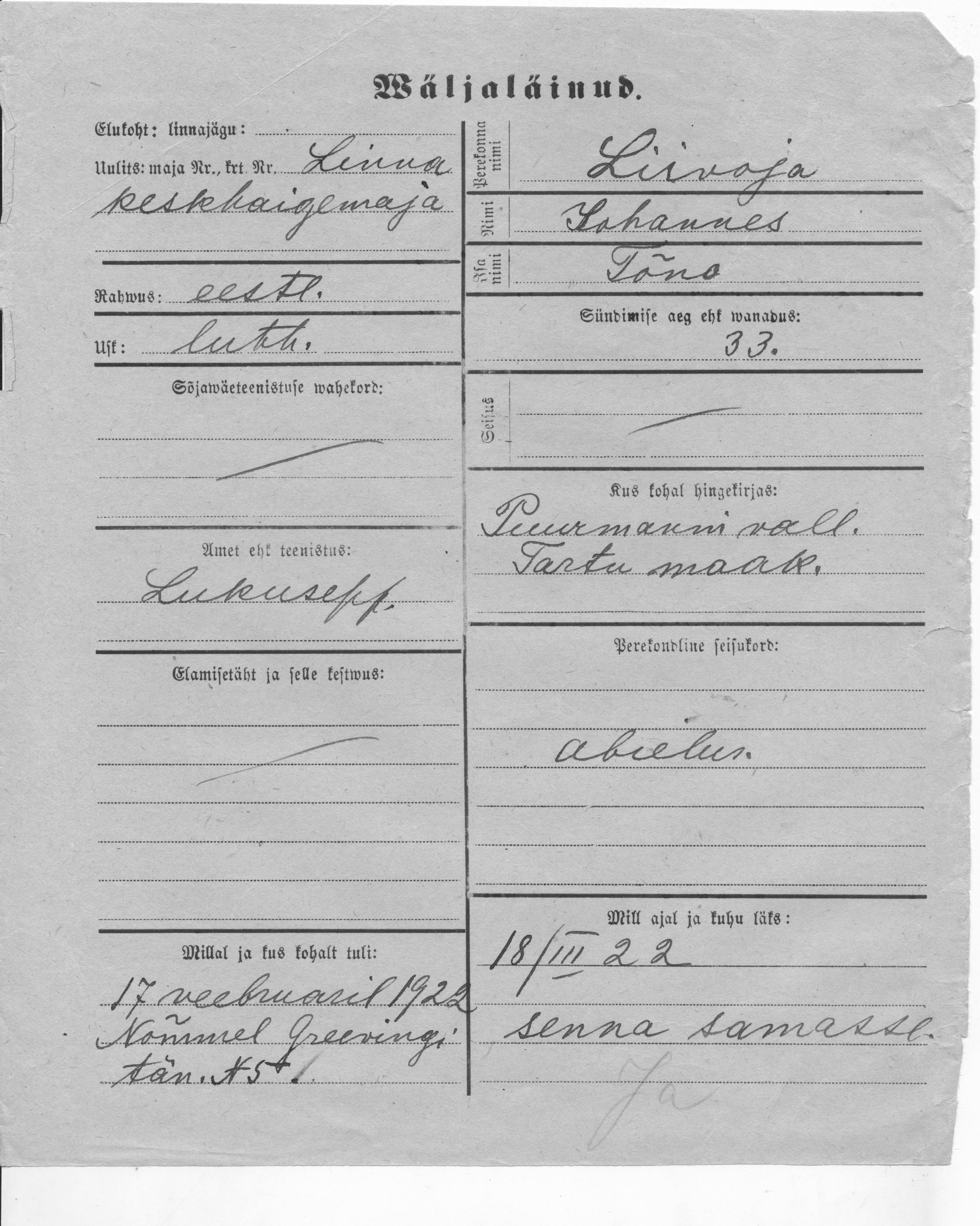 Liivoja, Johannes, Tõno