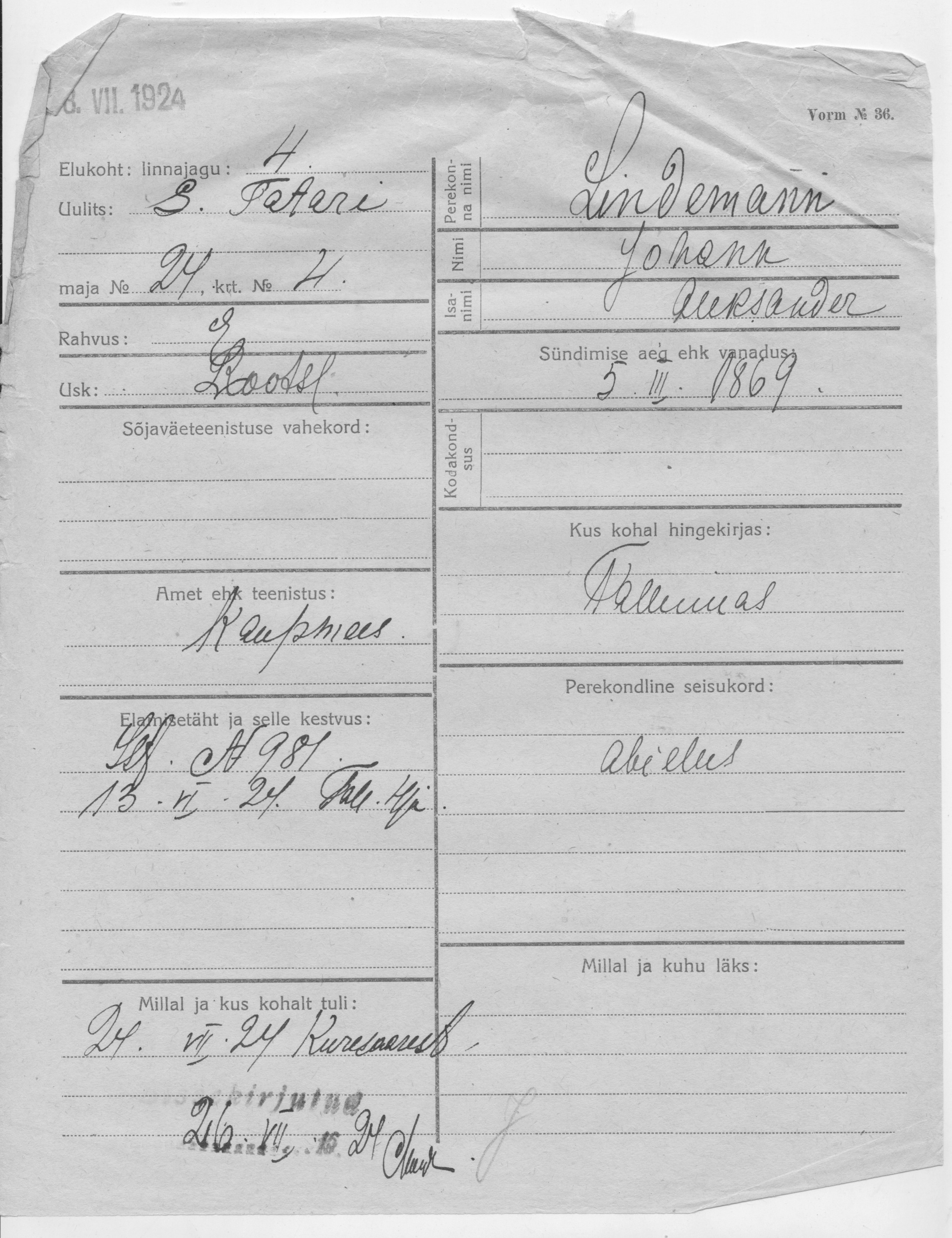 Lindemann, Johann, Aleksander