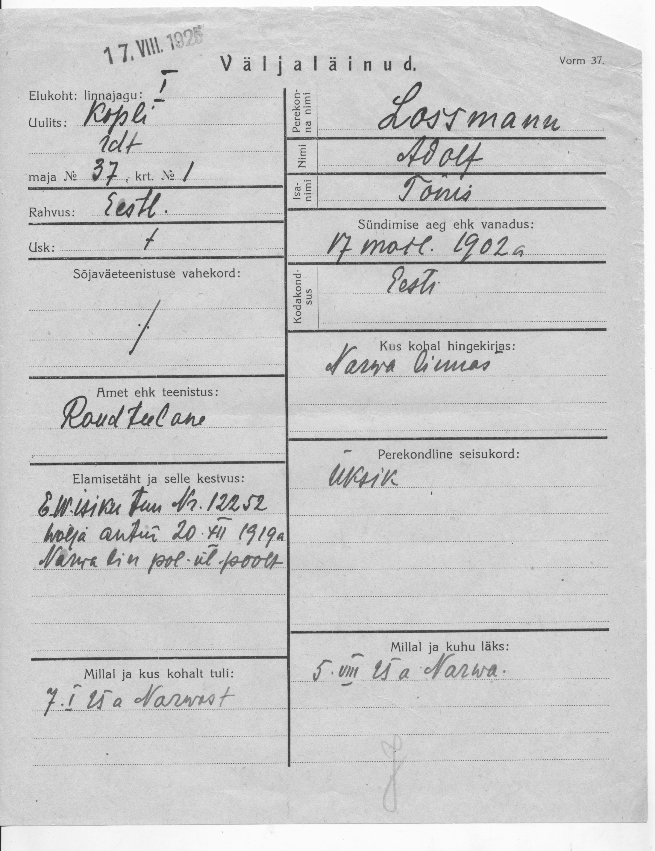 Lossmann, Adolf, Tõnis