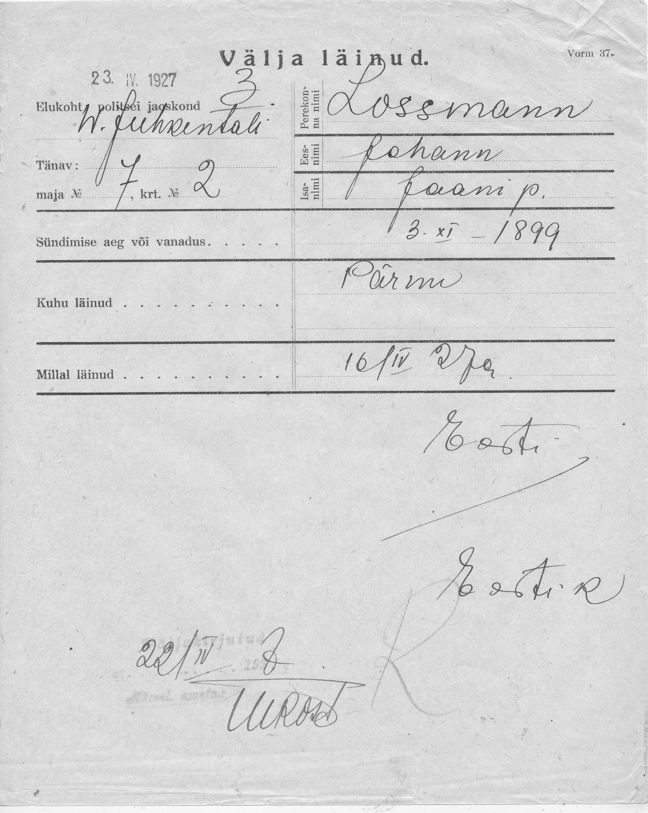 Lossmann, Johann, Jaan