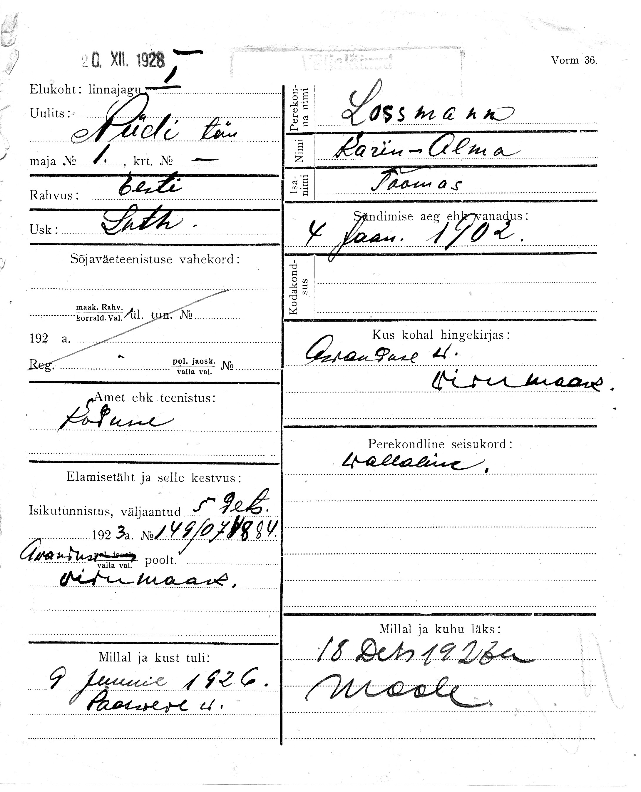 Lossmann, Karin-Alma, Toomas